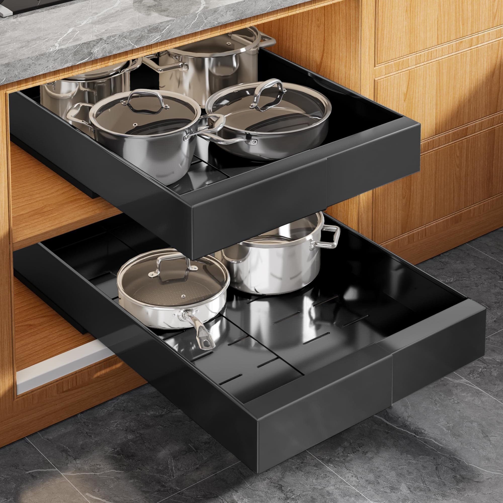 2 Pack Expandable Pull Out Cabinet Organizer 21" Deep with Raising Pad for Framed Cabinets,Upgrade 3 Slide Rails Slide Out Drawers,Roll Out Shelves Adhesive,Adjustable Width 9"-14.1" Black