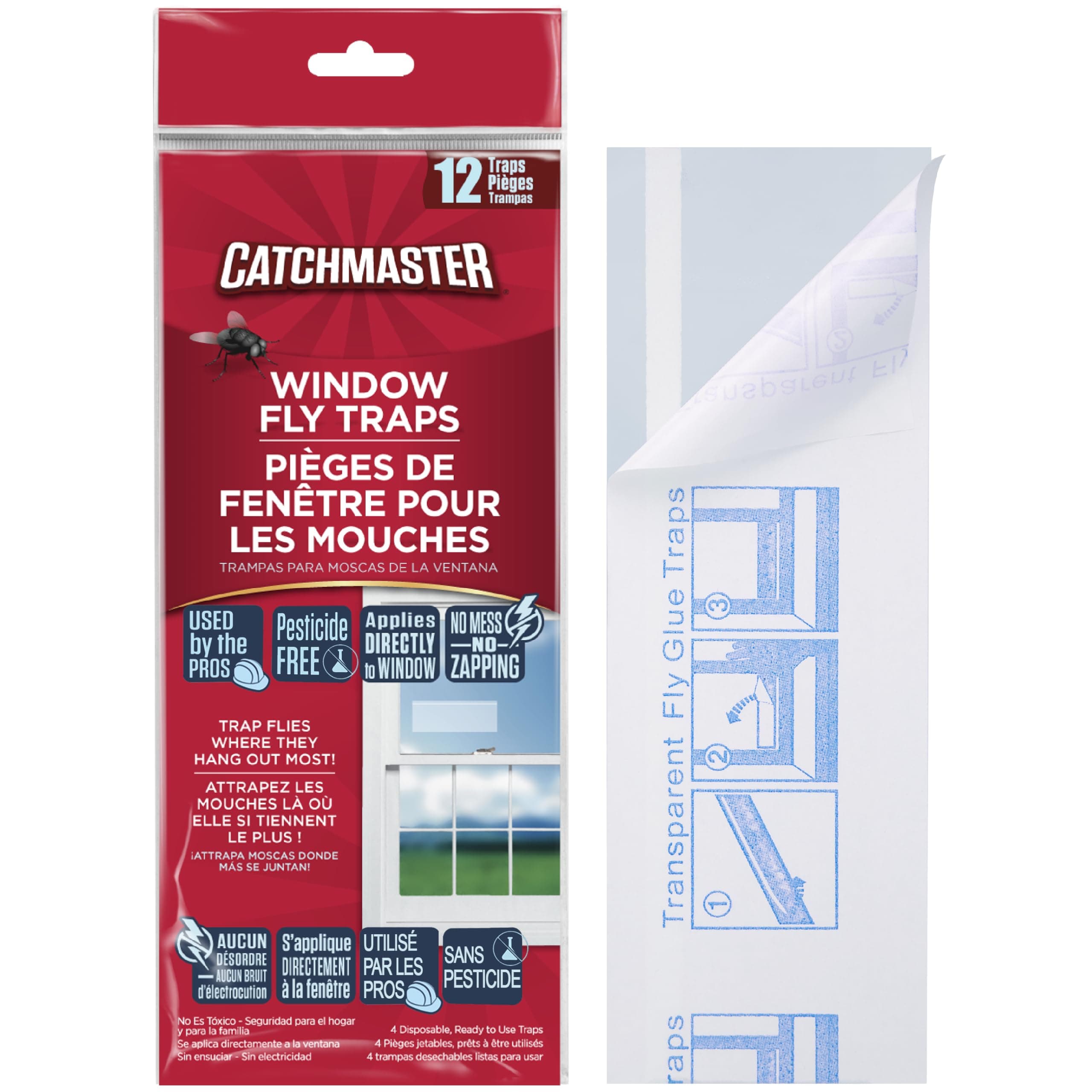 Catchmaster Window Fly Traps by - 12 Count, Ready to Use Indoors. Insect, Bugs, Fly & Fruit Fly Glue Adhesive Sticky Paper - Waterproof Easy Application Ready Disposable Non-Toxic