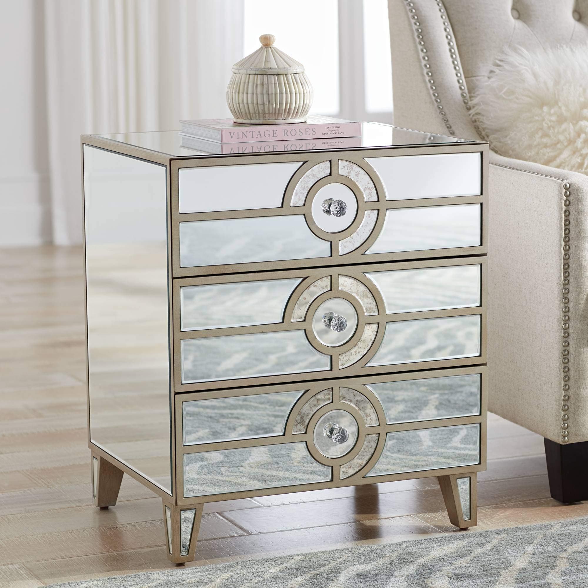 Studio 55D Janine Modern Champagne Silver Rectangular Accent Side End Table 21 1/2" x 17" Marbled Mirror Drawers for Living Room Bedroom Bedside Entryway House Balcony Office Bathroom Home