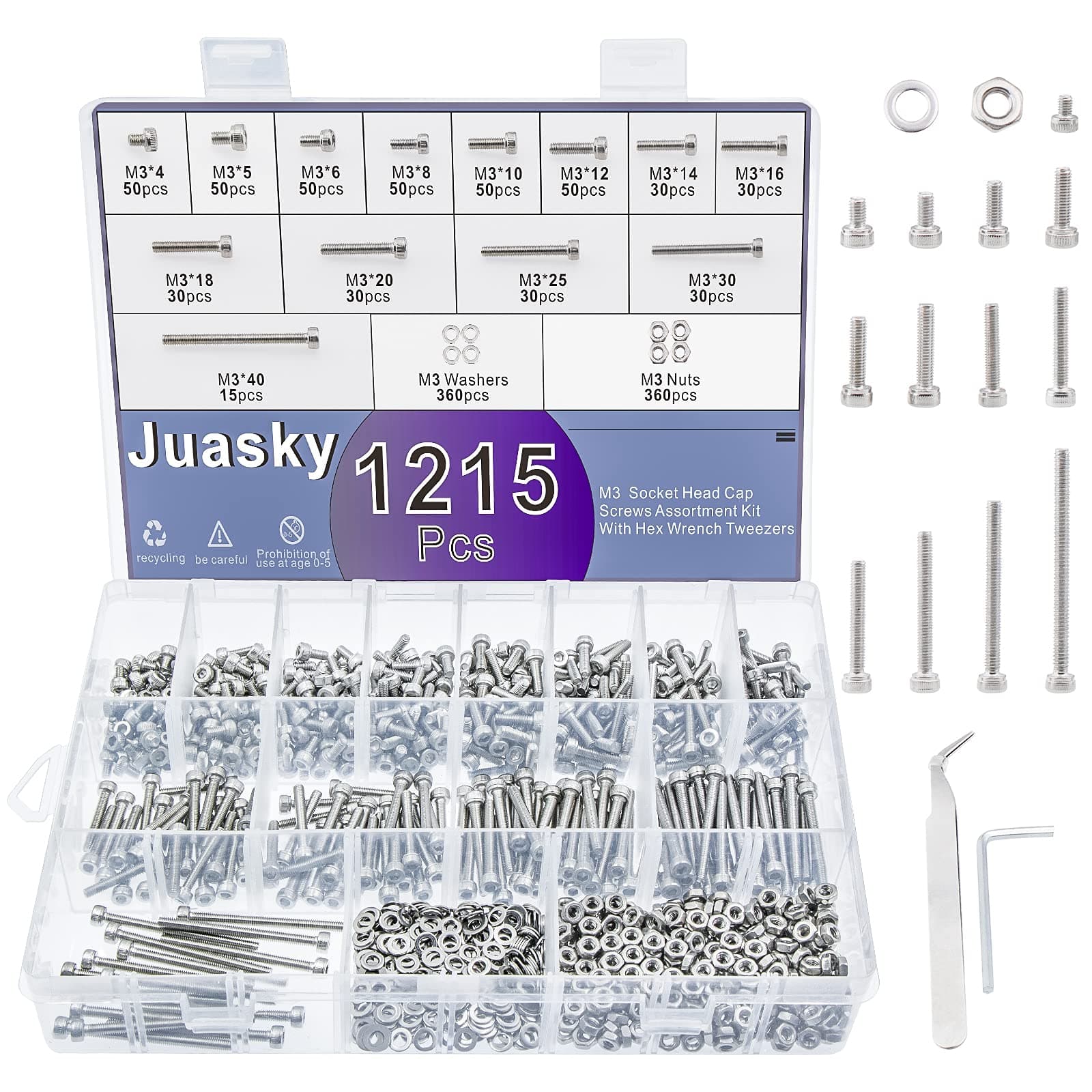 1215pcs M3 Hex Socket Head Cap Screws Bolts Nuts Assortment Kit, 304 Stainless Steel Screws, with Hexagonal Wrench, Tweezers.