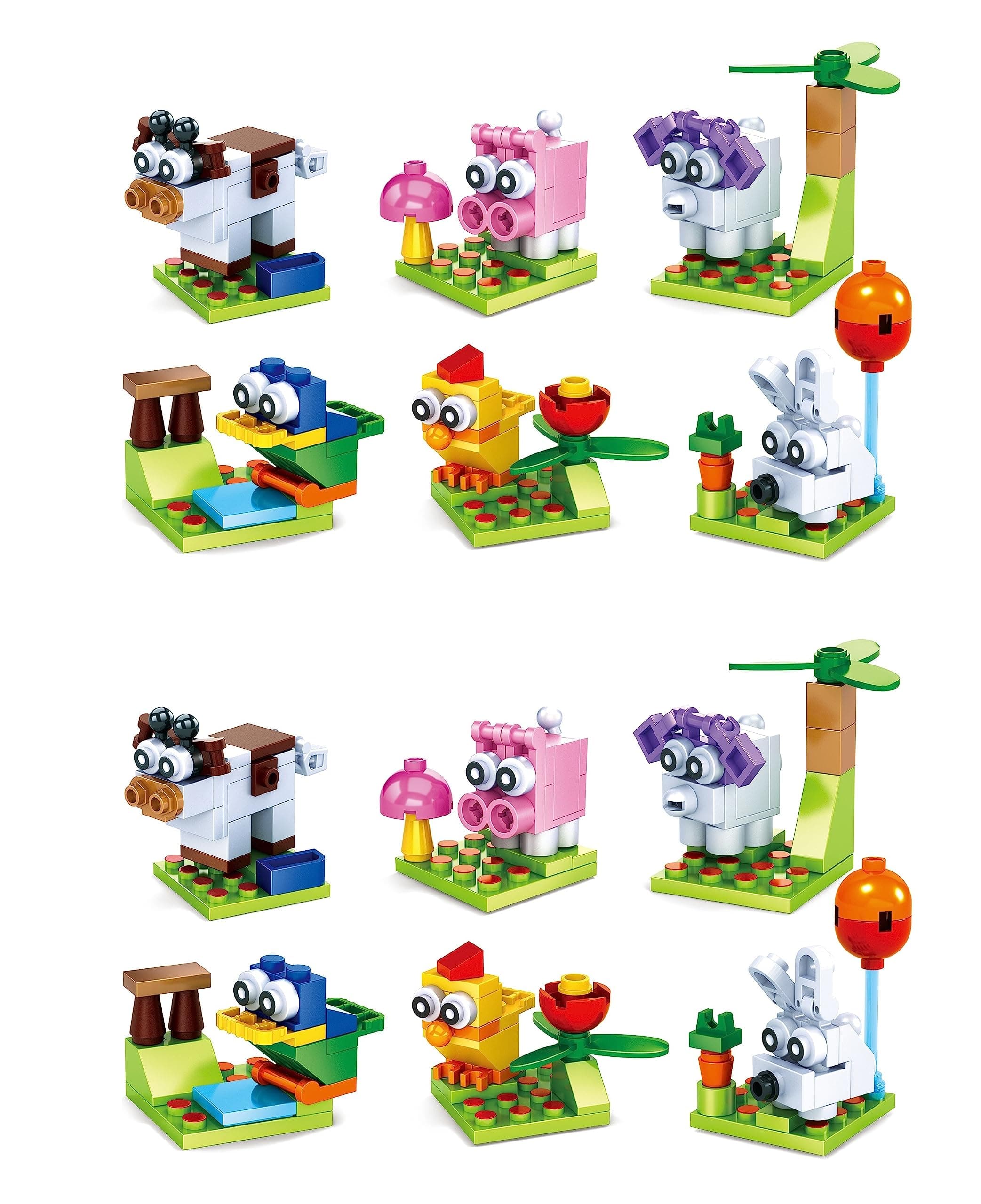 Construction Building Bricks Sets - 12 Farm Animal Blocks Sets that are individually boxed. Comes with 30 Assorted Individual Stickers.