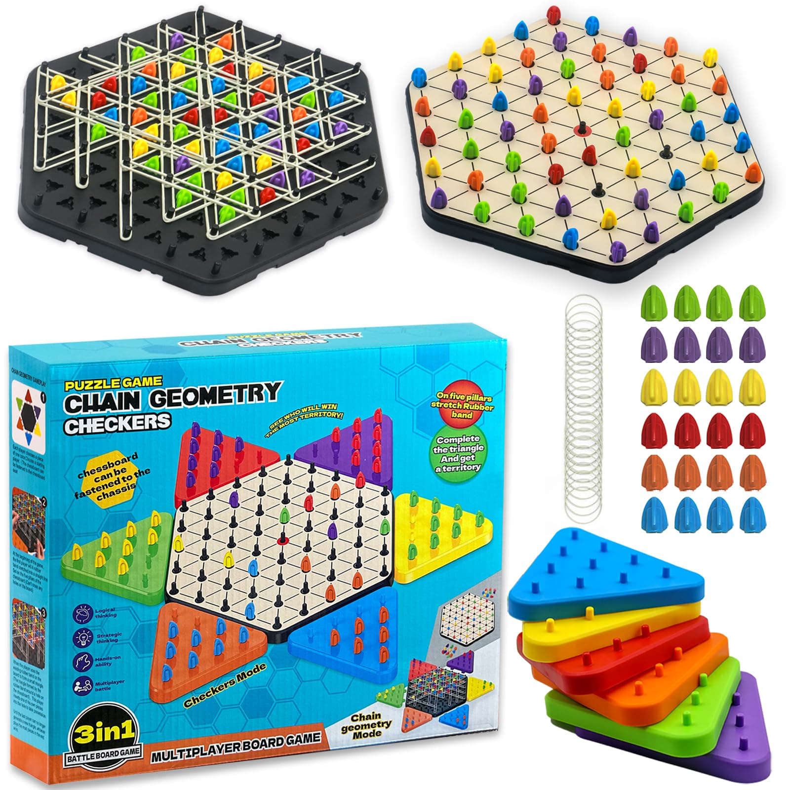 Upgraded Chain Triangle Chess Game, 3-in-1 Multi-Functional Board Games, Chain Link Game, Chinese Checkers, Educational Toy for Adults and Kids Age 3+, 2-6 Players, Fun for Family, Grandson, Party