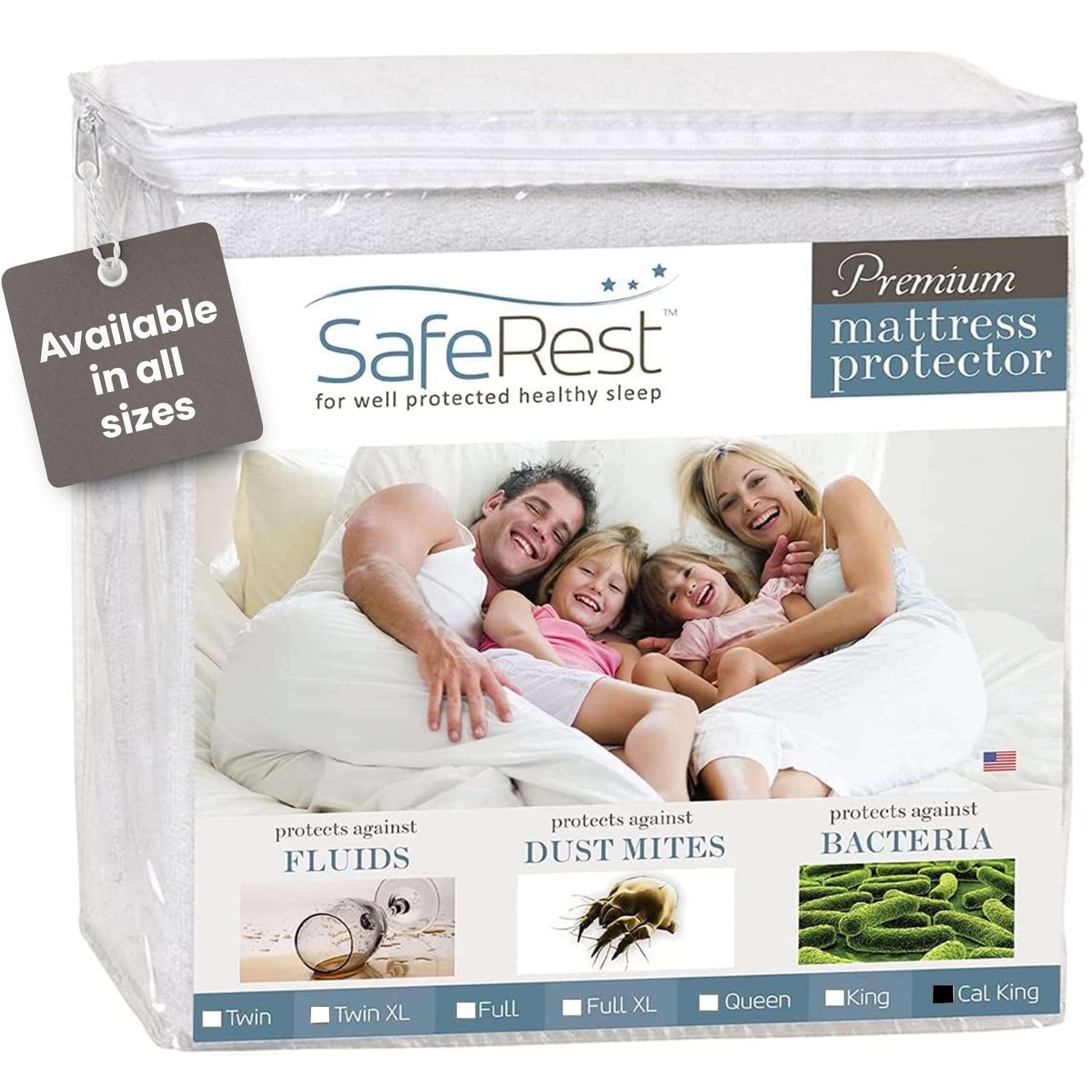 SafeRest Waterproof California King Size Mattress Protector - Fitted with Stretchable Pockets - Machine Washable Cotton Blend Mattress Cover for Bed