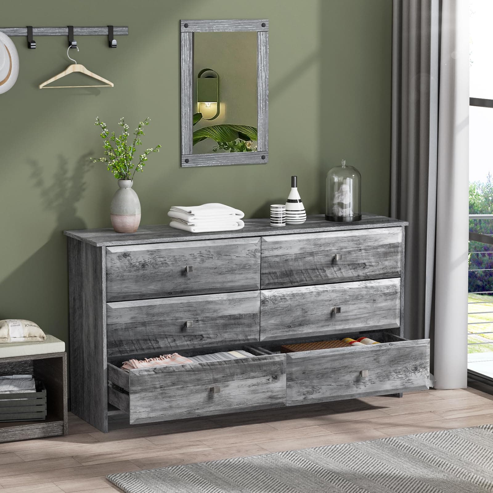 VINGLI Gray Dresser 6 Drawer, 54" Long Dresser for Bedroom, Wood Chest of Drawers with Textured Drawer Fronts, Rustic Grey Dressers Chest, 14.5" D x 53.9" W x 29.1" H