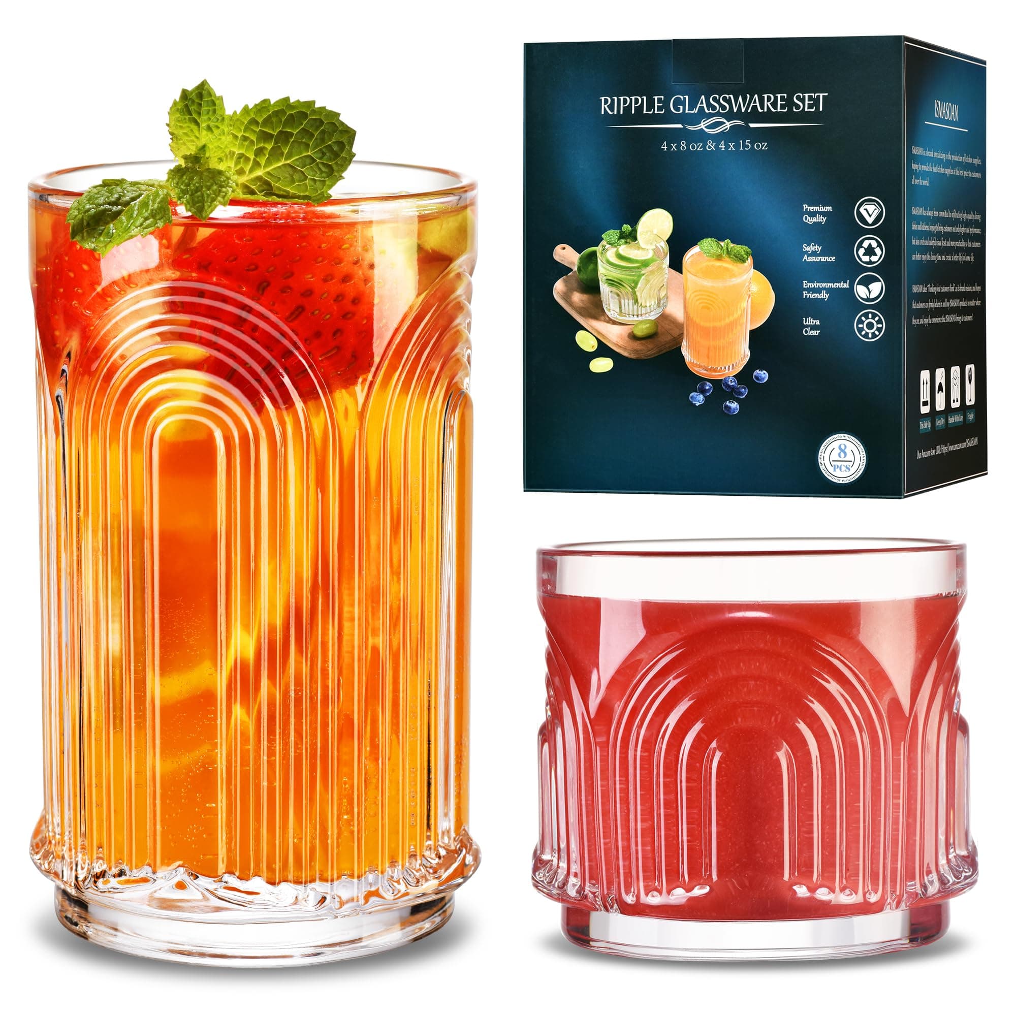 Arch Design Drinking Glasses Set of 8, Highball Glasses 15 oz and 8 oz, Ribbed Glass Cups, Cups for Kitchen, Vintage Glassware for Whiskey, Beer, Cocktail, Juice, Water