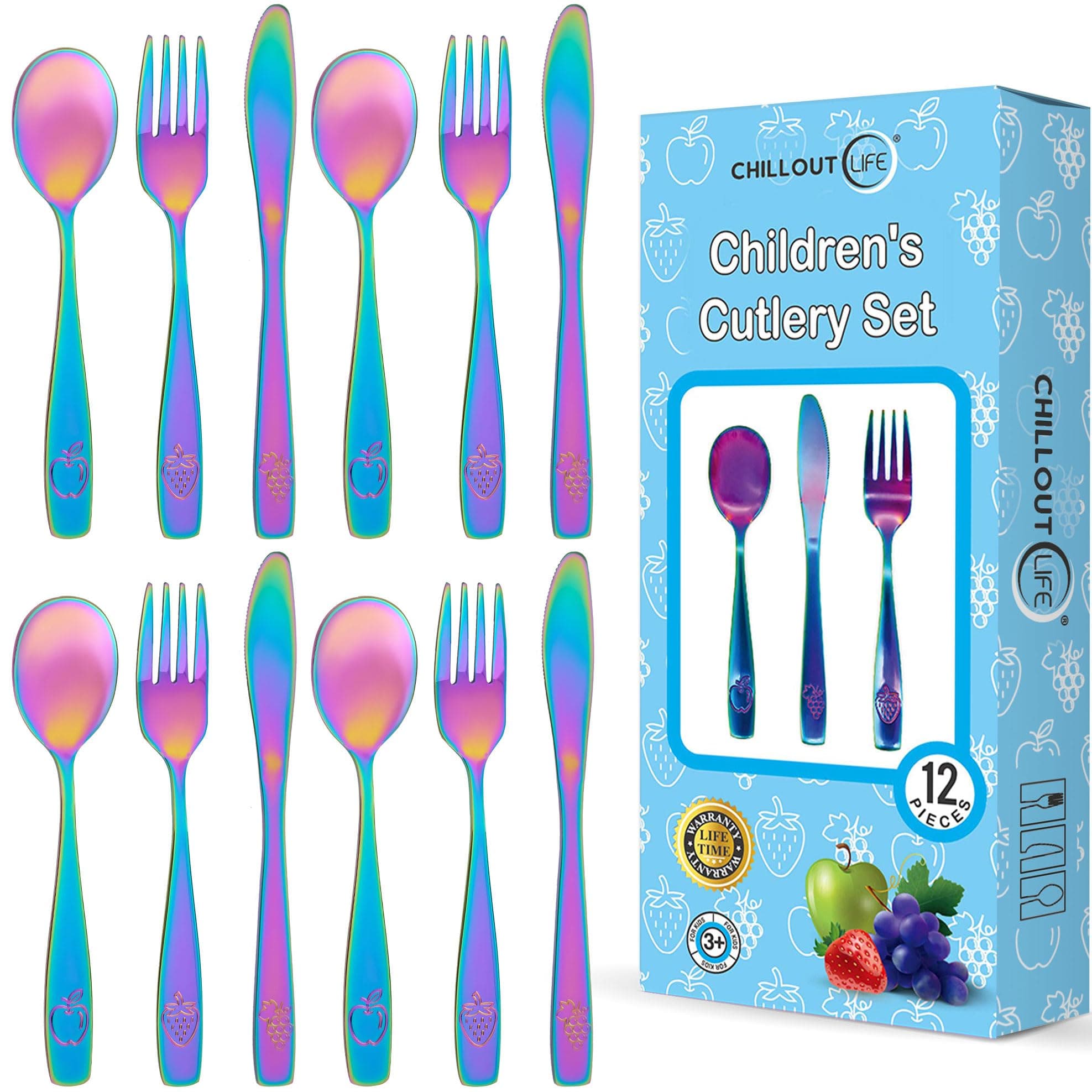 12 Piece Stainless Steel Kids Silverware Set - Child and Toddler Safe Flatware - Kids Utensil Set - Metal Kids Cutlery Set Includes 4 Small Kids Spoons, 4 Forks & 4 Knives - UV Rainbow