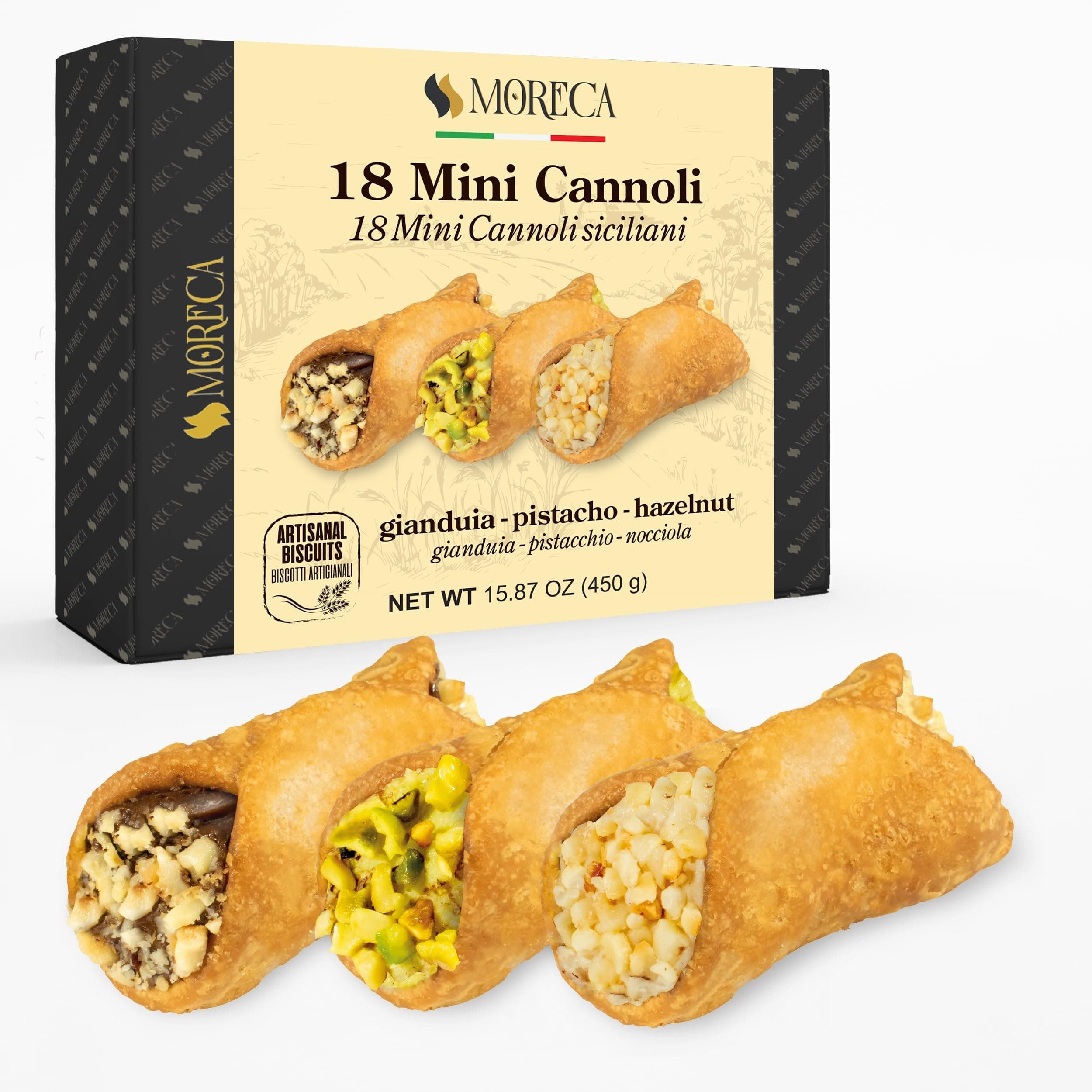 18 Mini Cannoli in Single Portion sachets, Biscuits Gift Set, Mini Sicilian Cannoli, Filled with Pistachio, Gianduia and Hazelnut Cream. Elegant Packaging, Italian Biscuits, Made in Italy