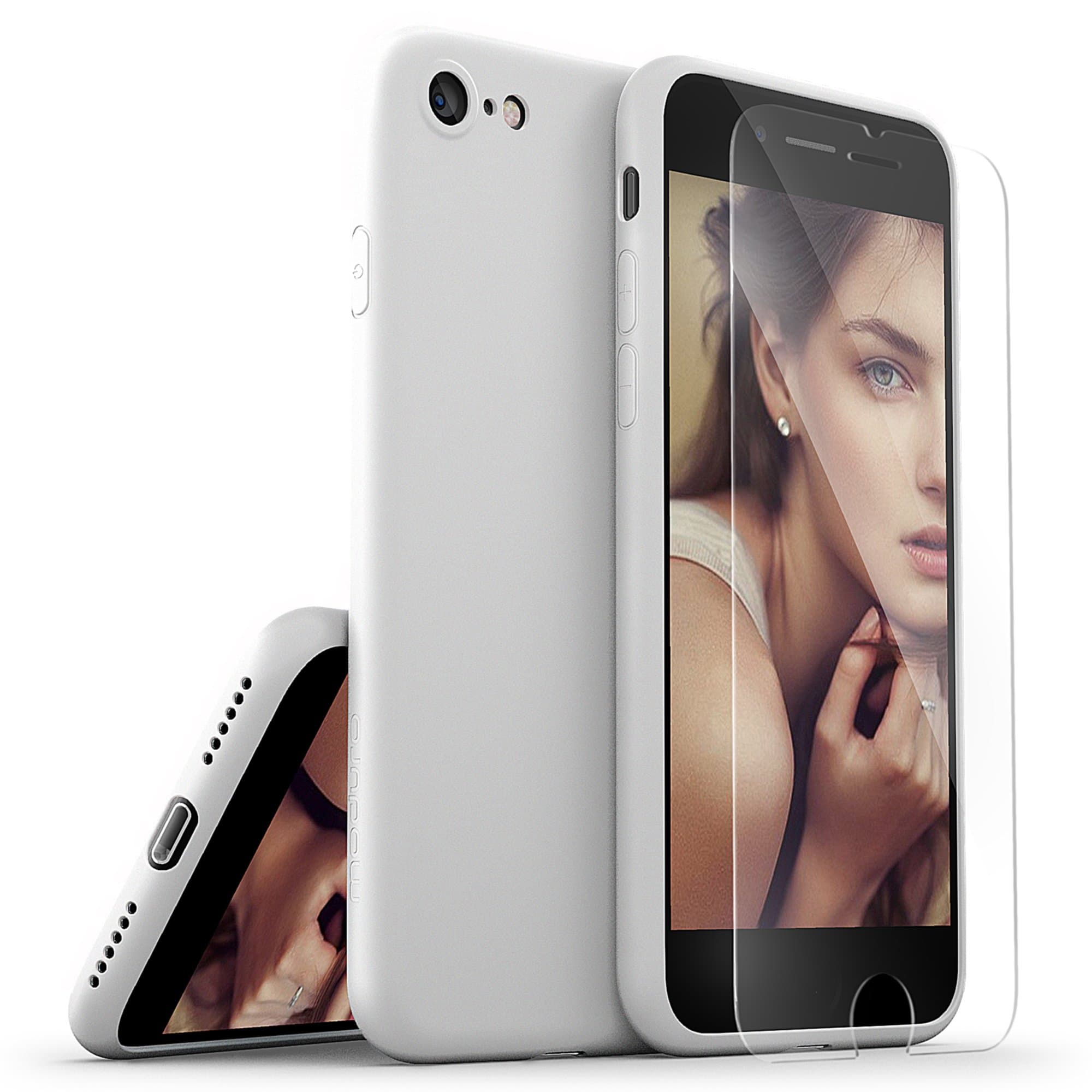 [2 in 1] iPhone 7 Case with Tempered Glass Screen Protector, Moduro [MINIMALIST SERIES] Full Coverage Ultra Thin [1.0mm] Slim Fit TPU Case for iPhone 7 (Matte White)