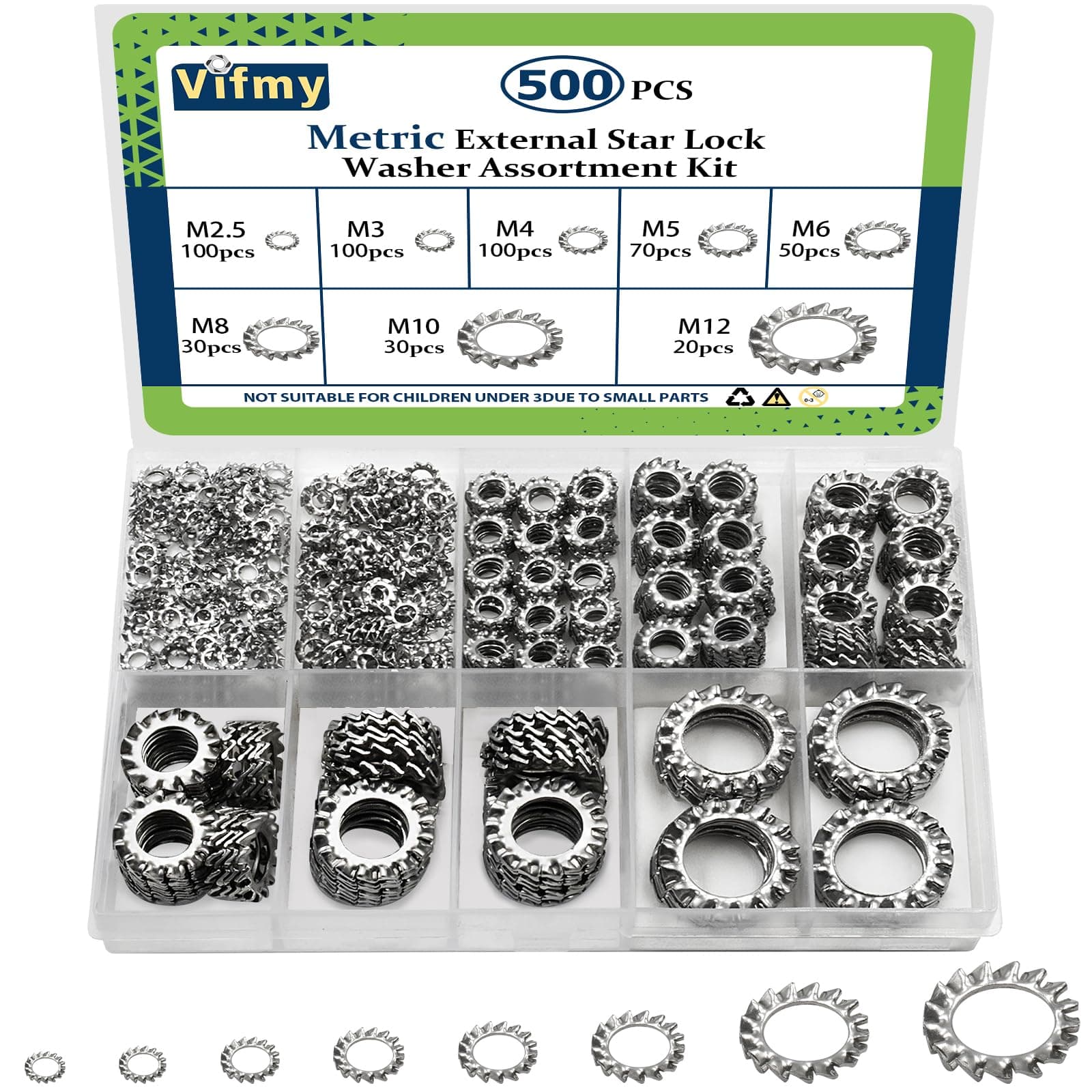 Vifmy External Tooth Lock Washers Assortment Kit(500 Pack),M2.5 M3 M4 M5 M6 M8 M10 M12 Metric 304 Stainless Steel External Star Washer Sets