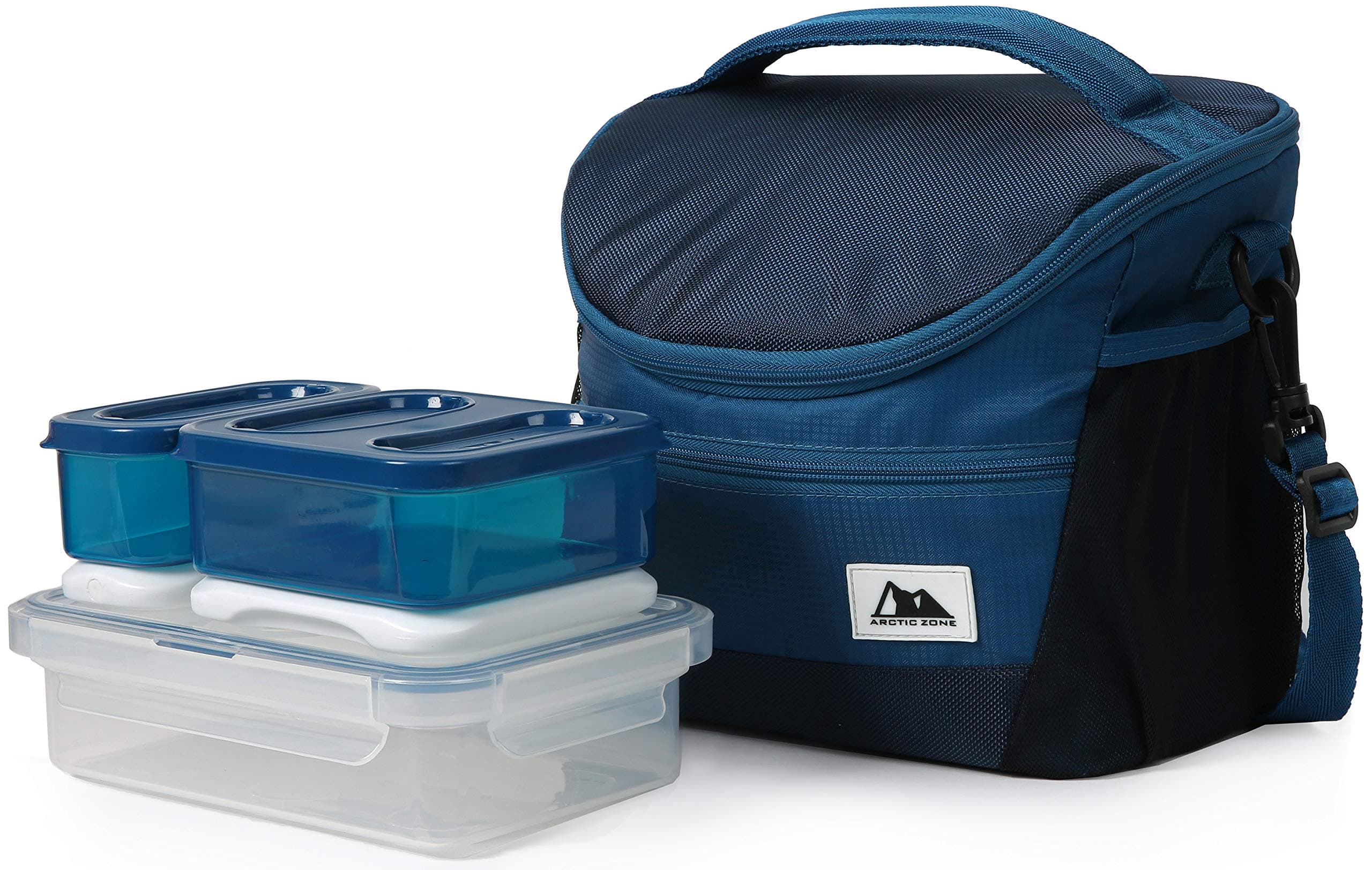 Arctic Zone High Performance Meal Prep Day Pack Lunch Bag with 8 Piece Leak Proof Food Container Set Including 2 Ice Bricks - Navy