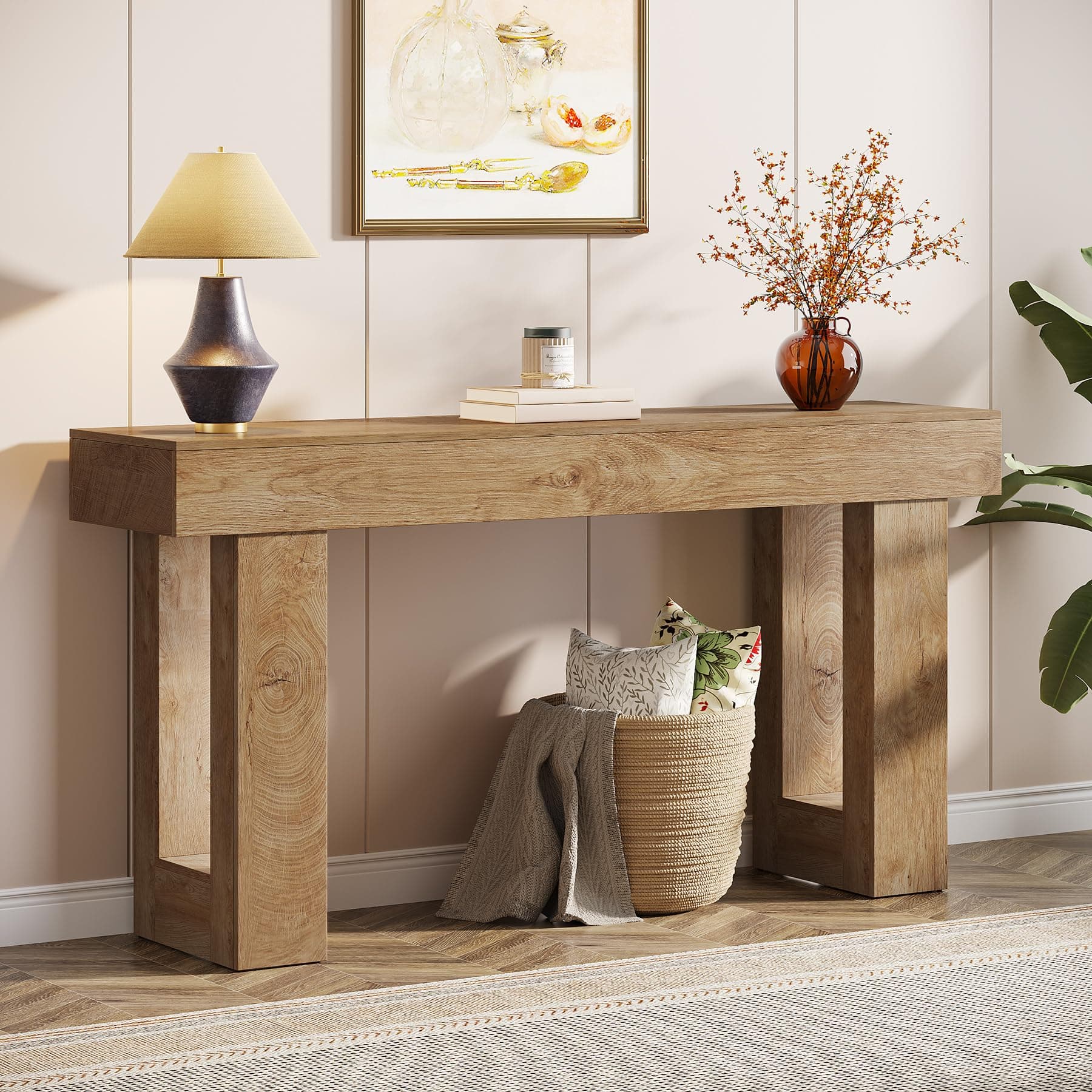 Tribesigns 63" Long Console Table Wooden Rectangular Sofa Table Behind Sofa Farmhouse Entrance Table for Entryway, Hallway, Living Room (Natural)