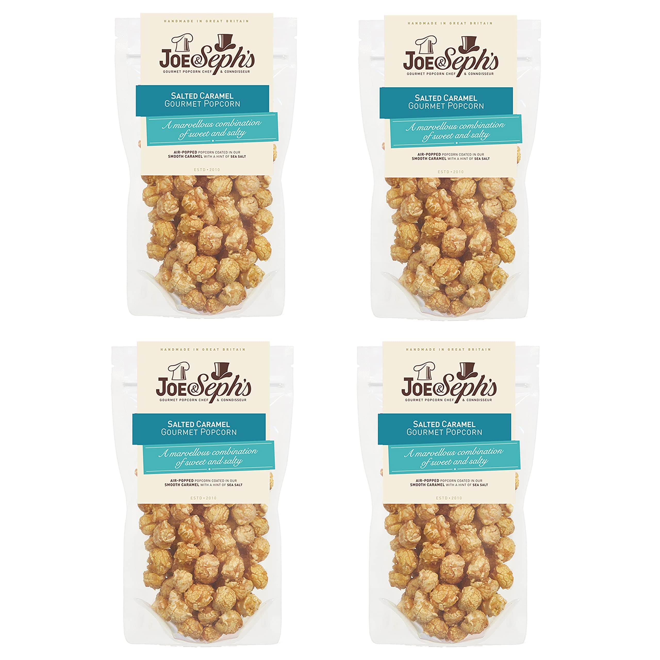Joe & Seph's Salted Caramel Popcorn (4x80g)|2 Star Great Taste Award, gourmet popcorn, air-popped popcorn, popcorn bag, on the go snack, popcorn for a party, sweeet popcorn, salted caramel