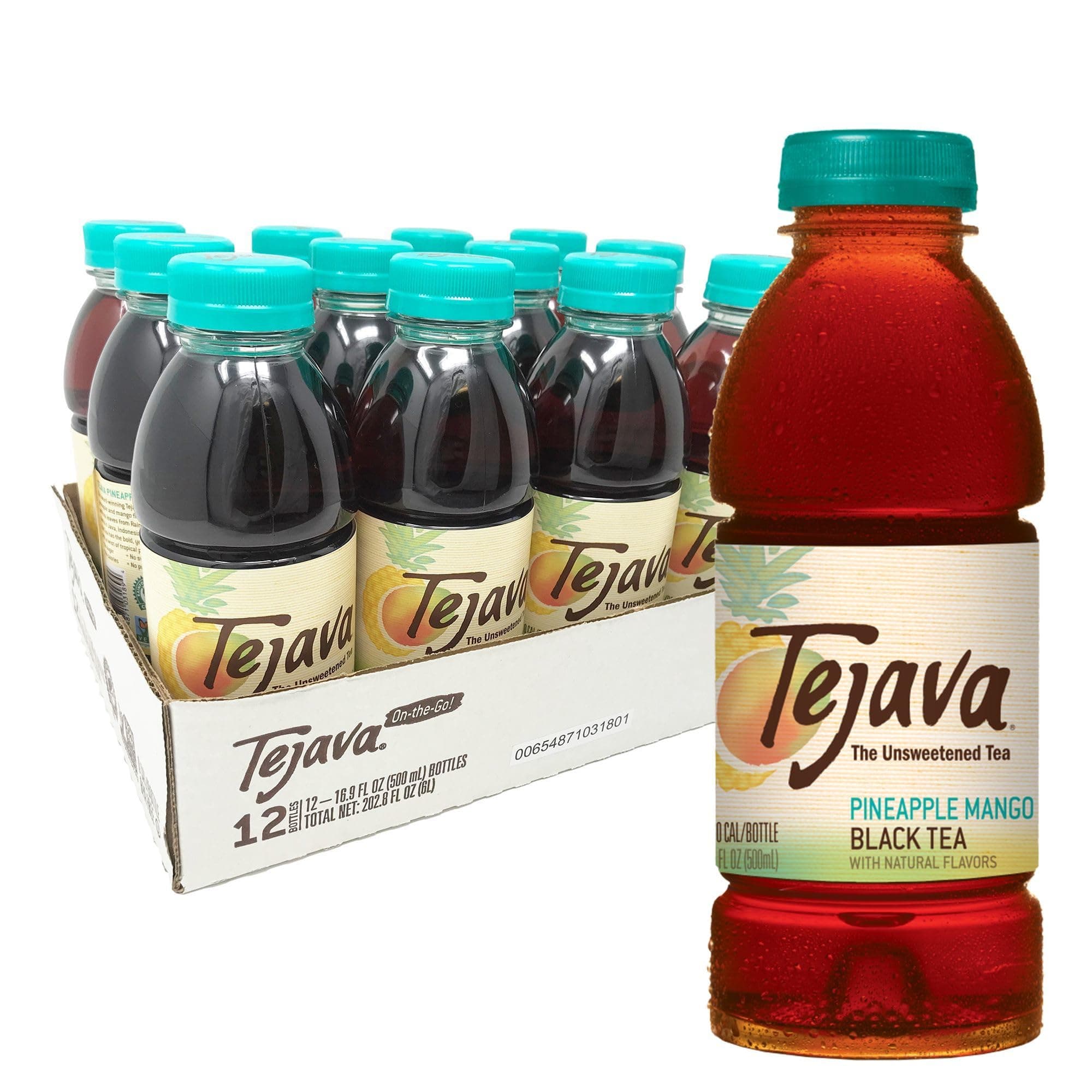 Tejava Pineapple Mango Black Iced Tea, 12 Pack, 16.9oz PET Bottles, Unsweetened, Non-GMO, Kosher, No Sugar or Sweeteners, No calories, No Preservatives, Brewed in Small Batches