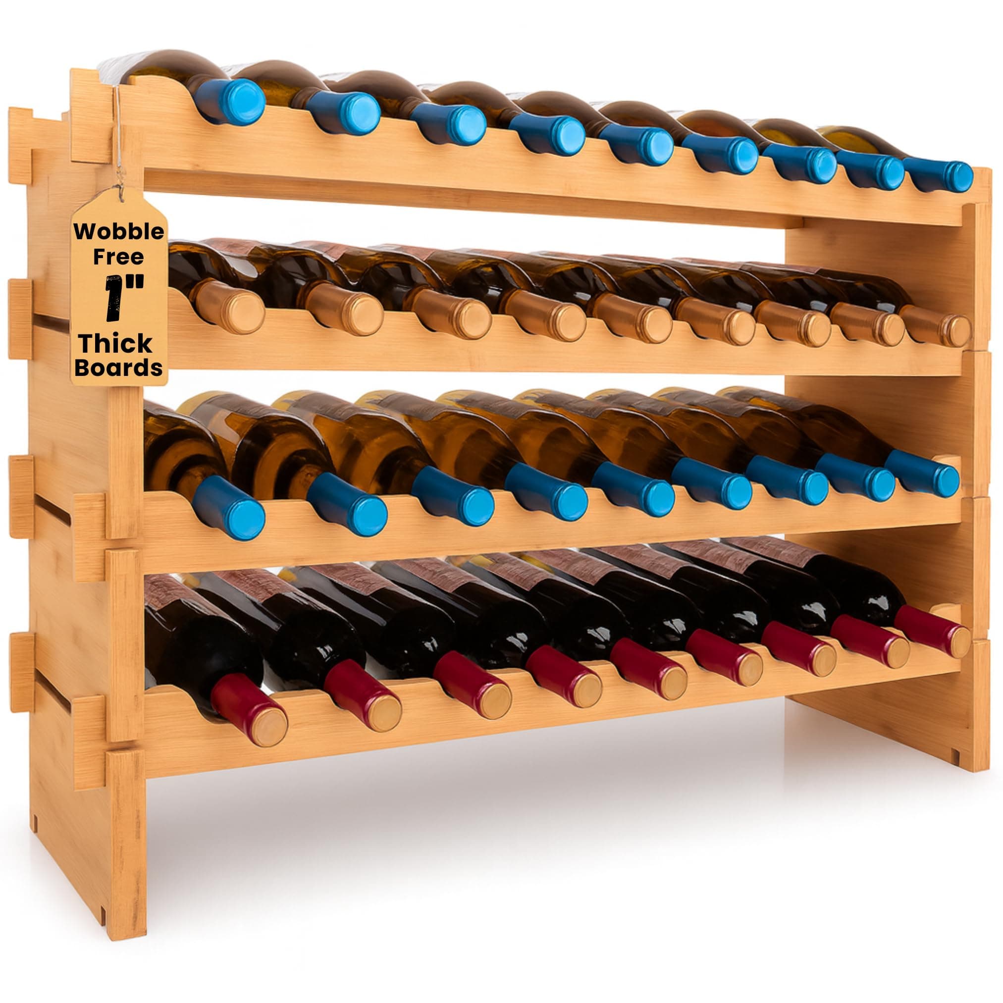 NutriChef 36 Bottle Stackable Wine Rack, Bamboo Wine Storage Display Shelf 85.09 x 25.4 x 53.34cm, 4- Tier Large Floor Free Standing Wooden Wine Rack for Kitchen and Cellar, Brown