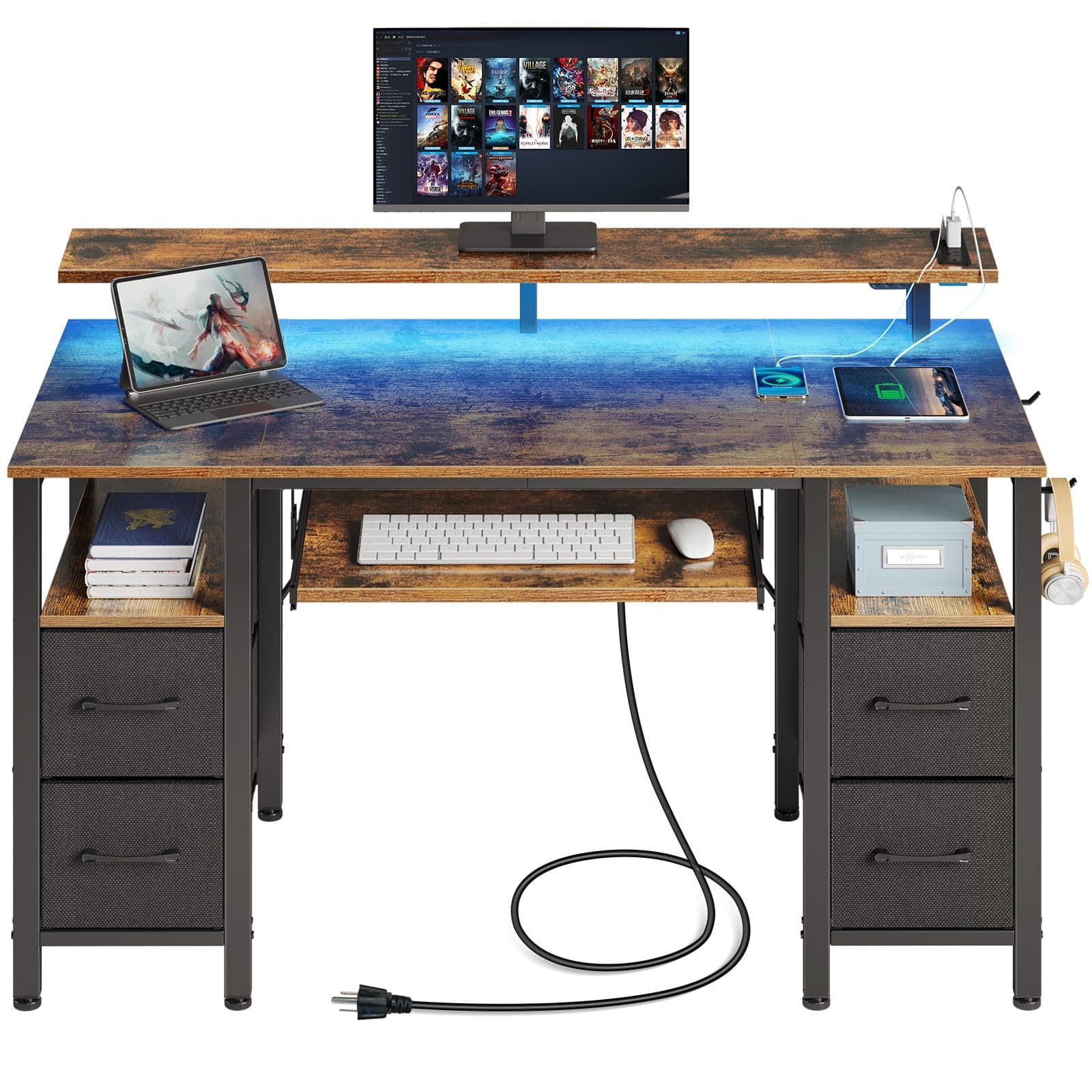 Seventable Computer Desk 47.2" with LED Lights & Power Outlets, Home Office Desk with 4 Drawers, Writing Desk with Keyboard Tray, Study Table with Monitor Stand, Work Desk for Home, Rustic Brown