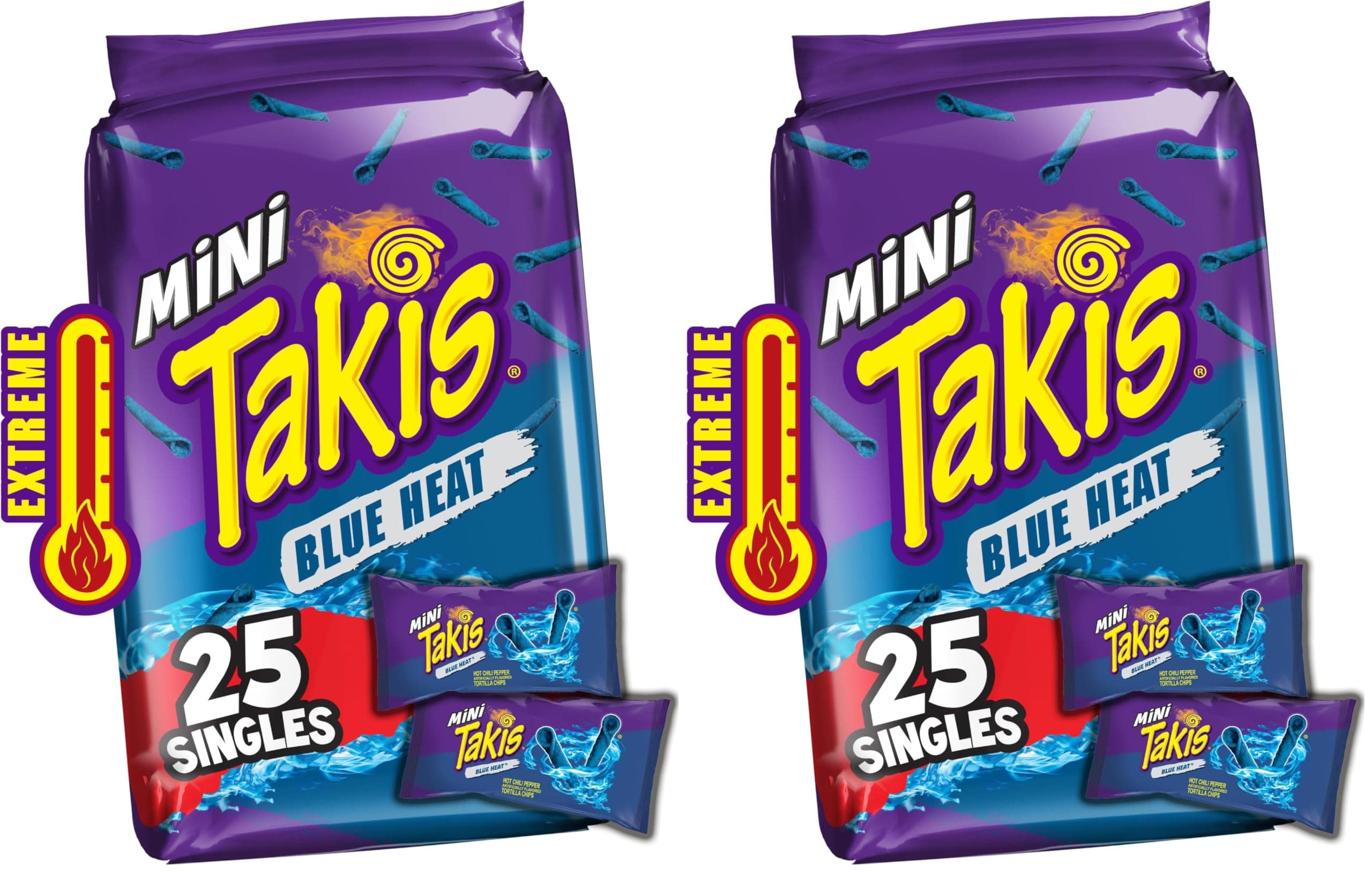 Takis Blue Heat Mini 25 pc / 1.23 oz Bite Size Multipack, Hot Chili Pepper Flavored Extreme Spicy Rolled Tortilla Chips (Pack of 2)