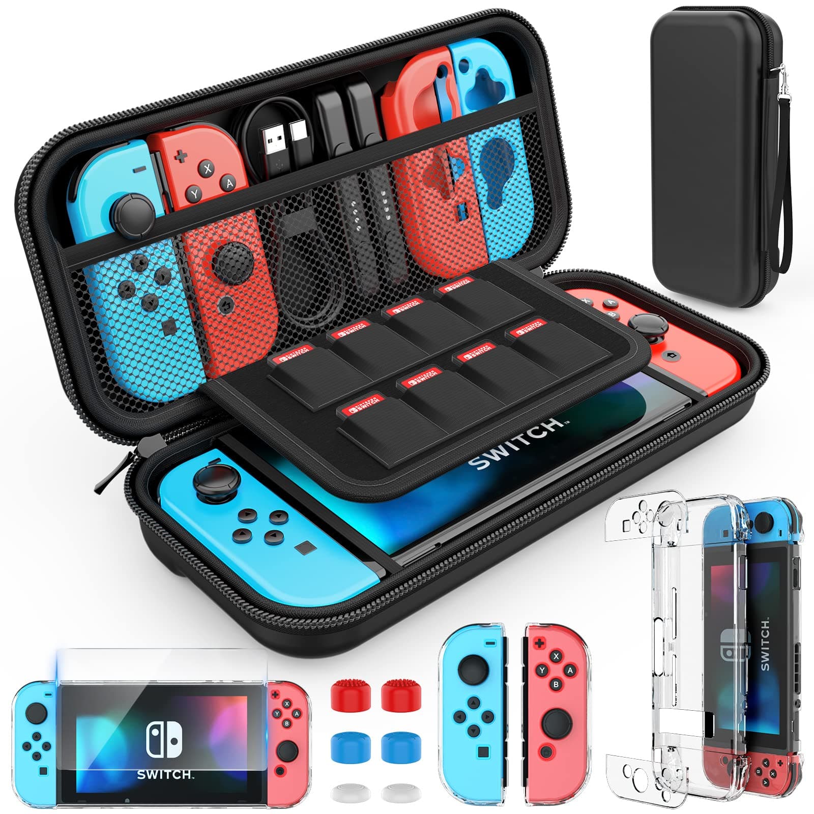 HEYSTOP Case Compatible with Nintendo Switch Carry Case Pouch with Switch Cover Case HD Switch Screen Protector Thumb Grips Caps for Nintendo Switch Console Accessories, Black, L, Modern
