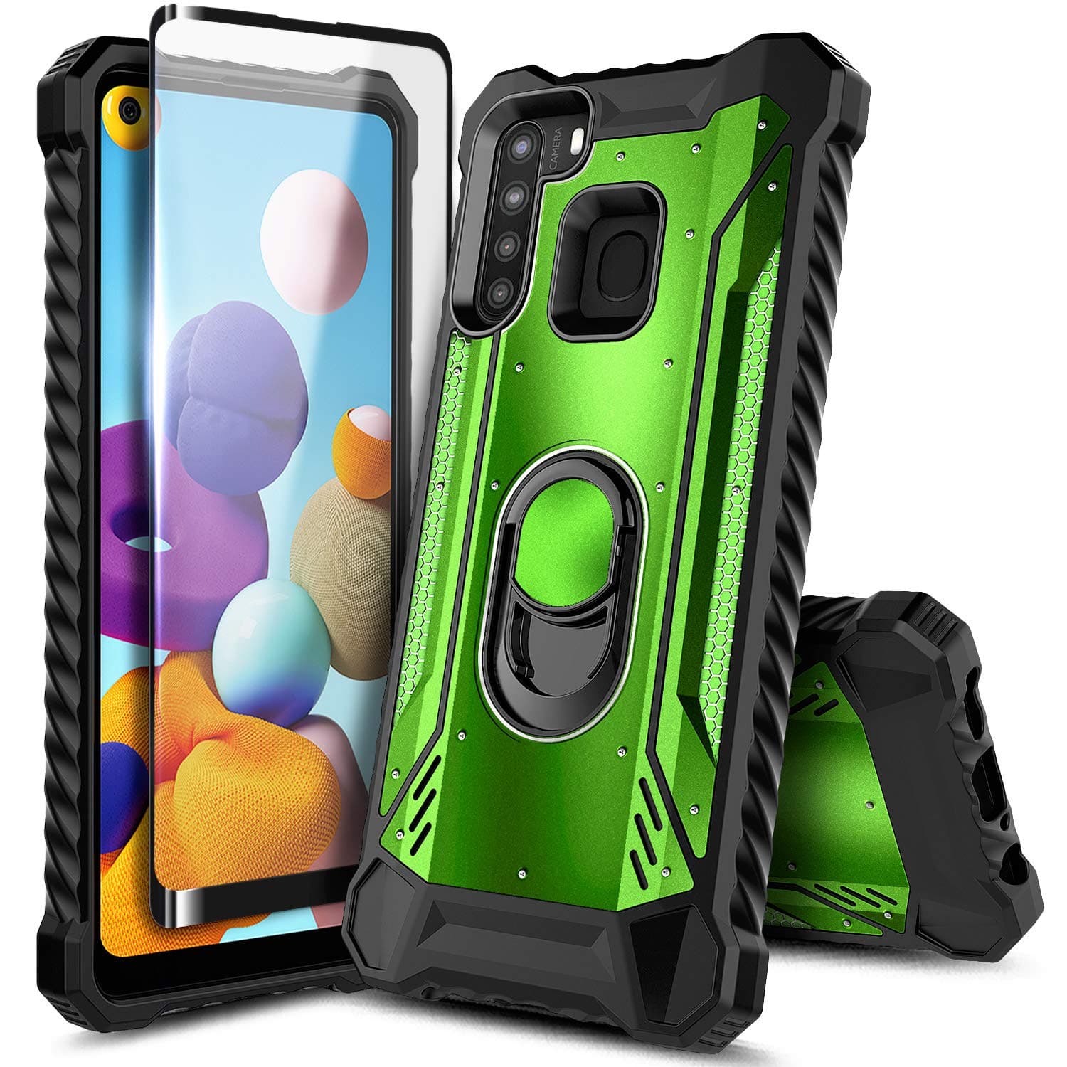 E-Began Case for Samsung Galaxy A21 (U.S. Edition) with Tempered Glass Screen Protector, Aluminum Magnetic Metal Built-in Ring Holder Stand, Full-Body Protective Shockproof Military Case -Green