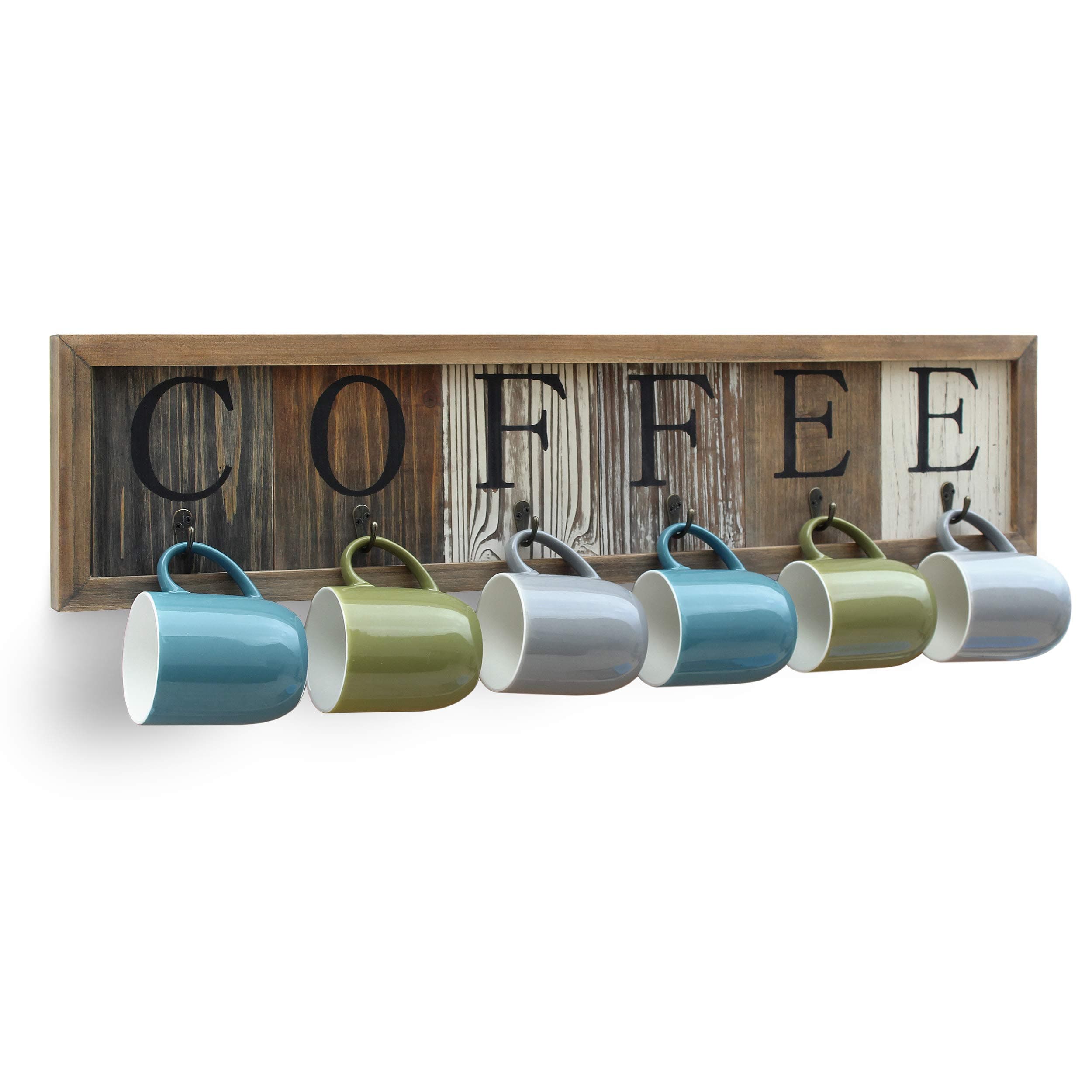 HBCY Creations Rustic Coffee Mug Rack Wall Mounted, Printed Coffee Sign - 6 Coffee Cup Hooks - Wooden Coffee Mug Display and Organizer - Distressed Coffee Rack Sign (31.5")