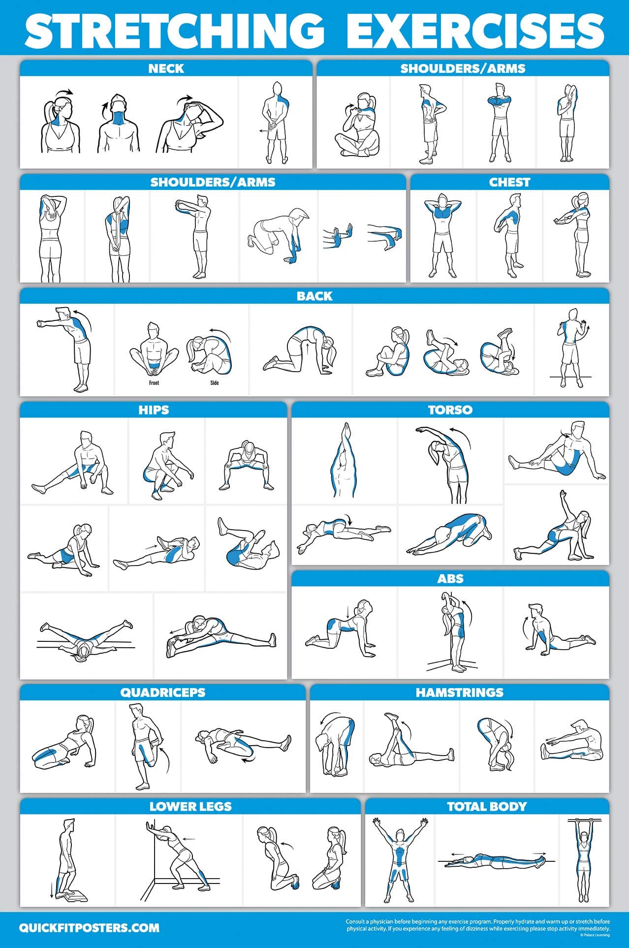 QUICKFIT Stretch Workout Exercise Poster - Stretching Routine (Laminate, 18" x 27")