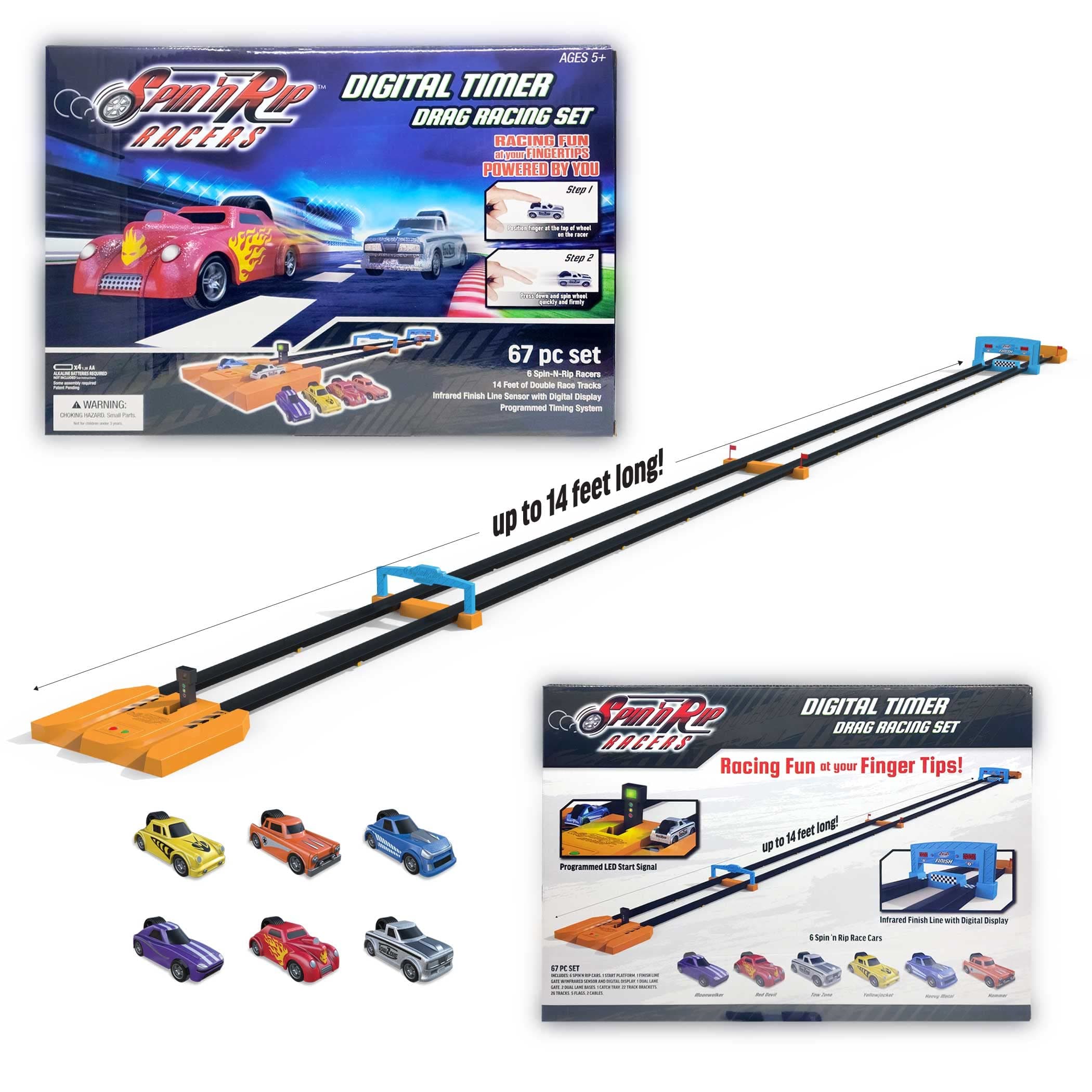 Spin 'n Rip Racers | Digital Timer Drag Racing Set, Dual-Track | Fun Head-to-Head Race Track | 6 Toy Cars Included (Digital Time Tracker)