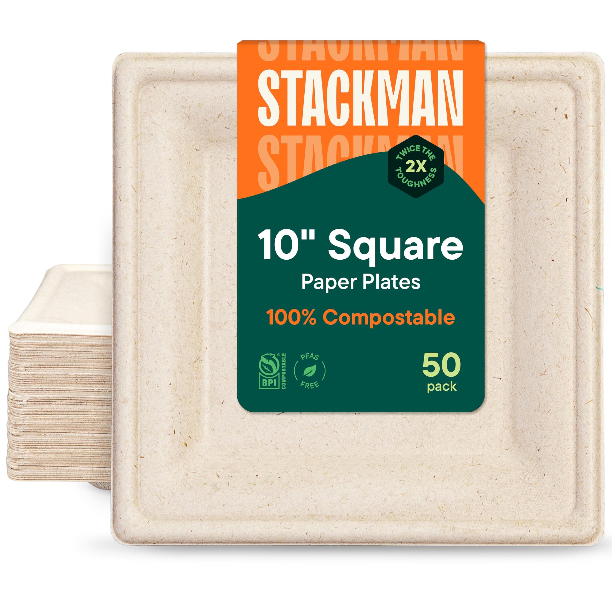 - 100% Compostable Square Paper Plates [50-Pack] - {PFAS-Free} - {BPI Certified} - [10 Inch] Heavy Duty, Eco-Friendly, Biodegradable Bagasse Dinner Plates - Natural Brown 10" Plate by Stack Man
