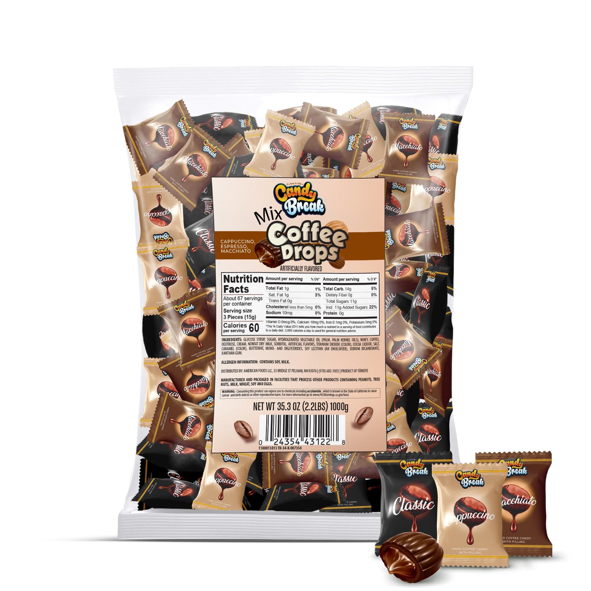 Coffee Drops, Center Filled Hard Candy, Coffee Candy Individually Wrapped, Macchiato, Espresso, Cappuccino Flavored Candies, Caffeine Candies 2.2 Pound Bulk Bag, Variety Pack of 1