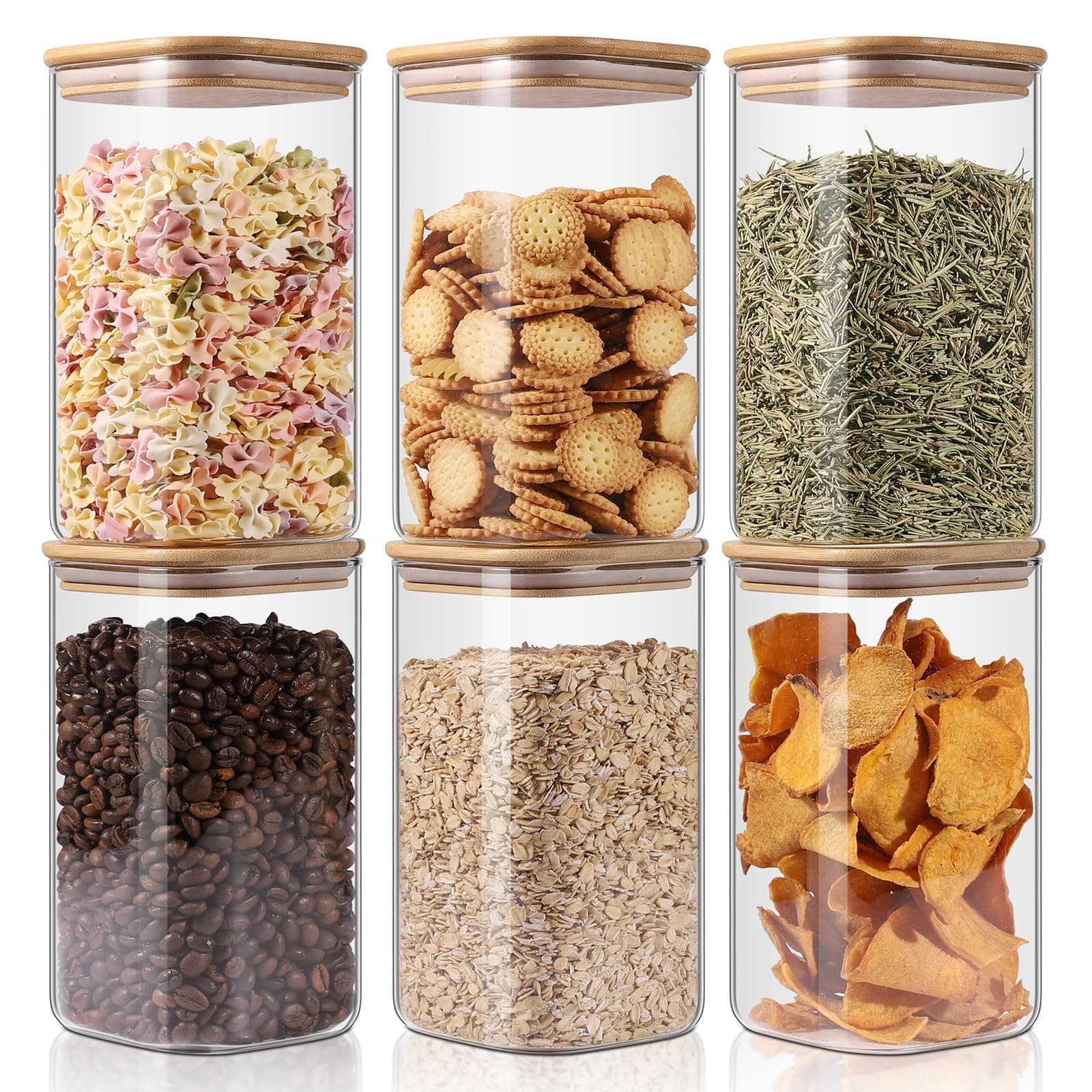 Glass Storage Jars 6 Pack -50oz (10cmx20cm)Clear Glass Food Storage Containers with Airtight Bamboo Lid Stackable Kitchen Canisters for Candy,Cookie,Rice,Sugar,Flour,Pasta,Nuts and Spice Jars(Square)