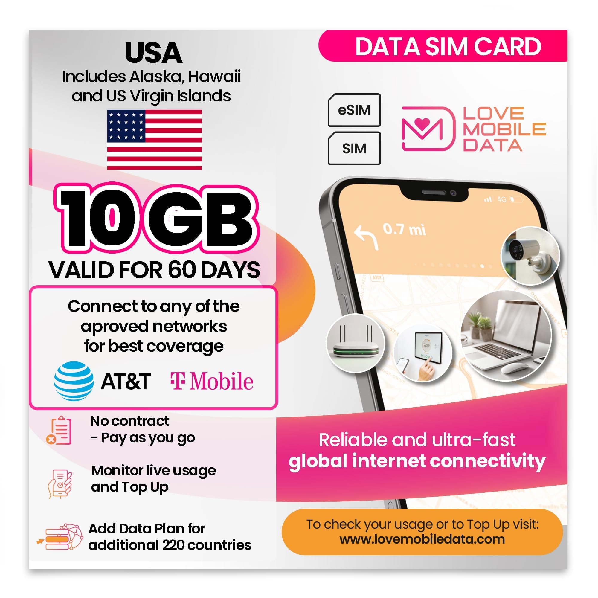 – Love Mobile Data Only Sim Card - International Multi-Network 4G/5G Prepaid Pay As You Go Data Sim for Mobile Phones, WiFi Routers, & More, UK & USA (Alaska, Hawaii, US Virgin Islands) - 10GB 60 Days