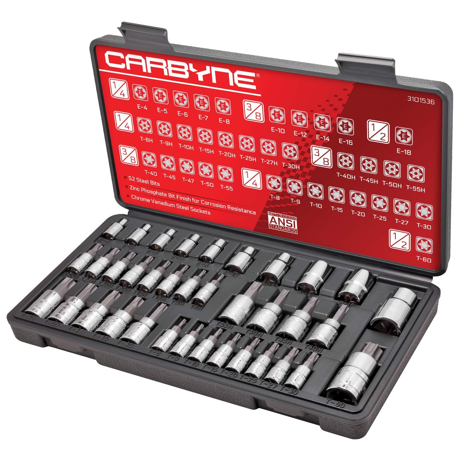 CARBYNE 36-Piece Torx Bit Socket & E-Socket Set | Includes T8-T60, Tamper (Security) T8H/TT8 - T55H/TT55, External (e-Torx) E4-E18, S2 Steel Bits, CrV Sockets, Durable Case