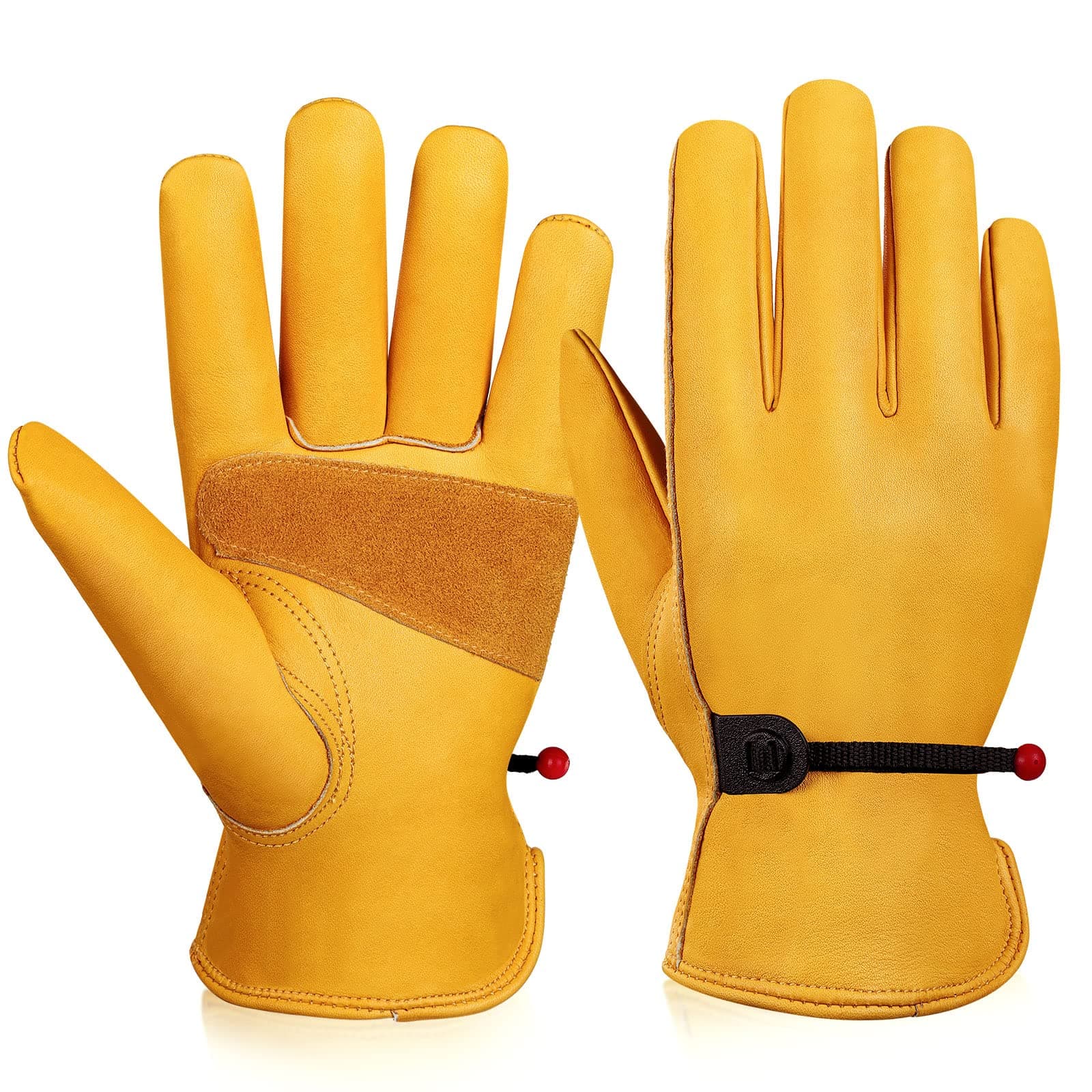 OZERO Leather Work Gloves for Men, 1 Pairs Full Grain Cowhide Garden Gloves, ANSI/ISEA 105 Tested, Puncture Level 4, Abrasion Level 3, Adjustable Wrist for Yard Work & Gardening (Gold Medium)