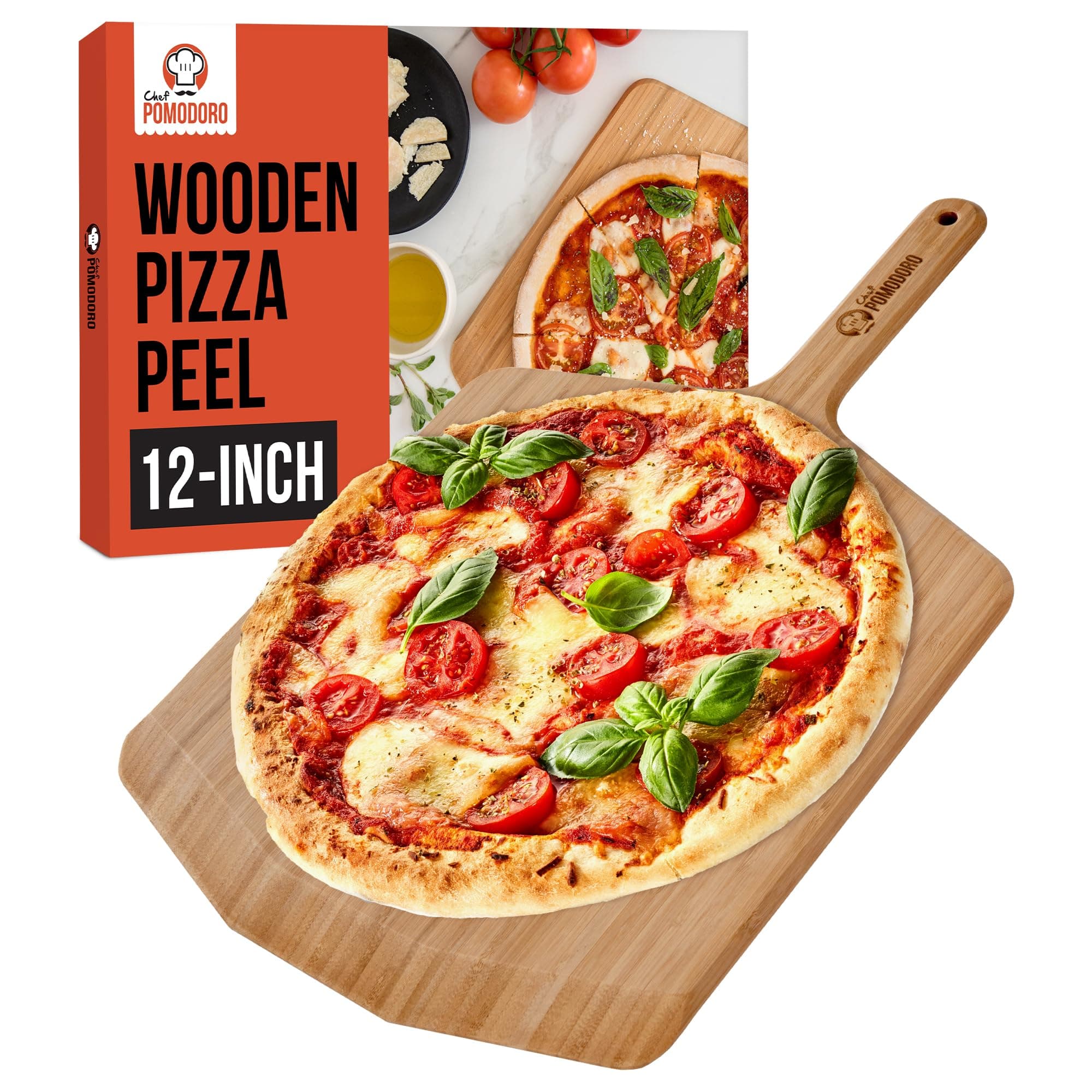 Chef Pomodoro 12-inch Bamboo Pizza Peel, Wooden Pizza Peel 12 Inch, Homemade Wood Pizza Peel with Handle, Pizza Oven Accessories, Spatula Gourmet