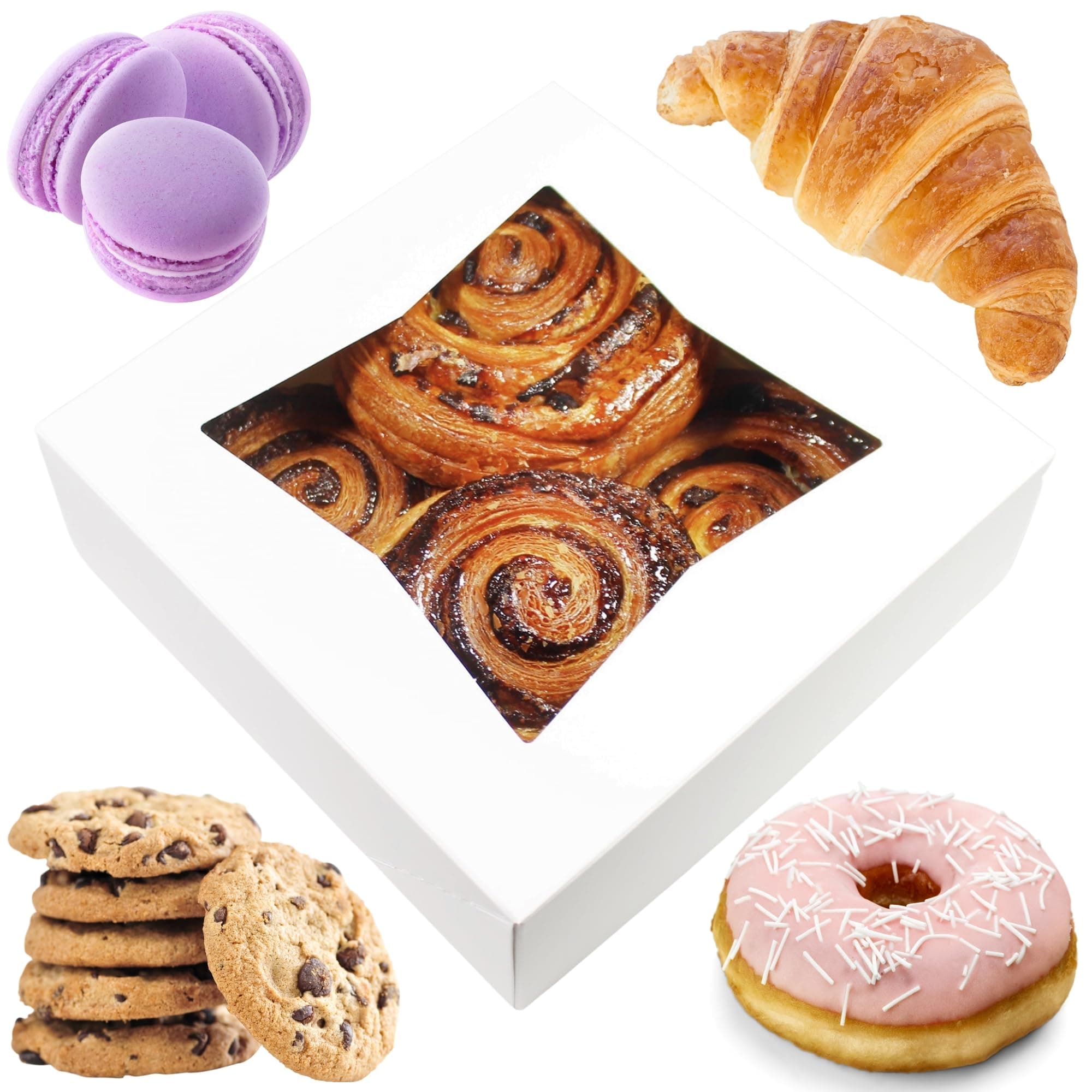 BAKELUV 8x8x2.5 Bakery Boxes with Window | White, 50 PCS | 8x8 Cookie Boxes 8x8 Cake Box, 8 Inch Bakery Boxes for Cinnamon Rolls, Treat Boxes, Dessert Boxes, Auto Pop Up