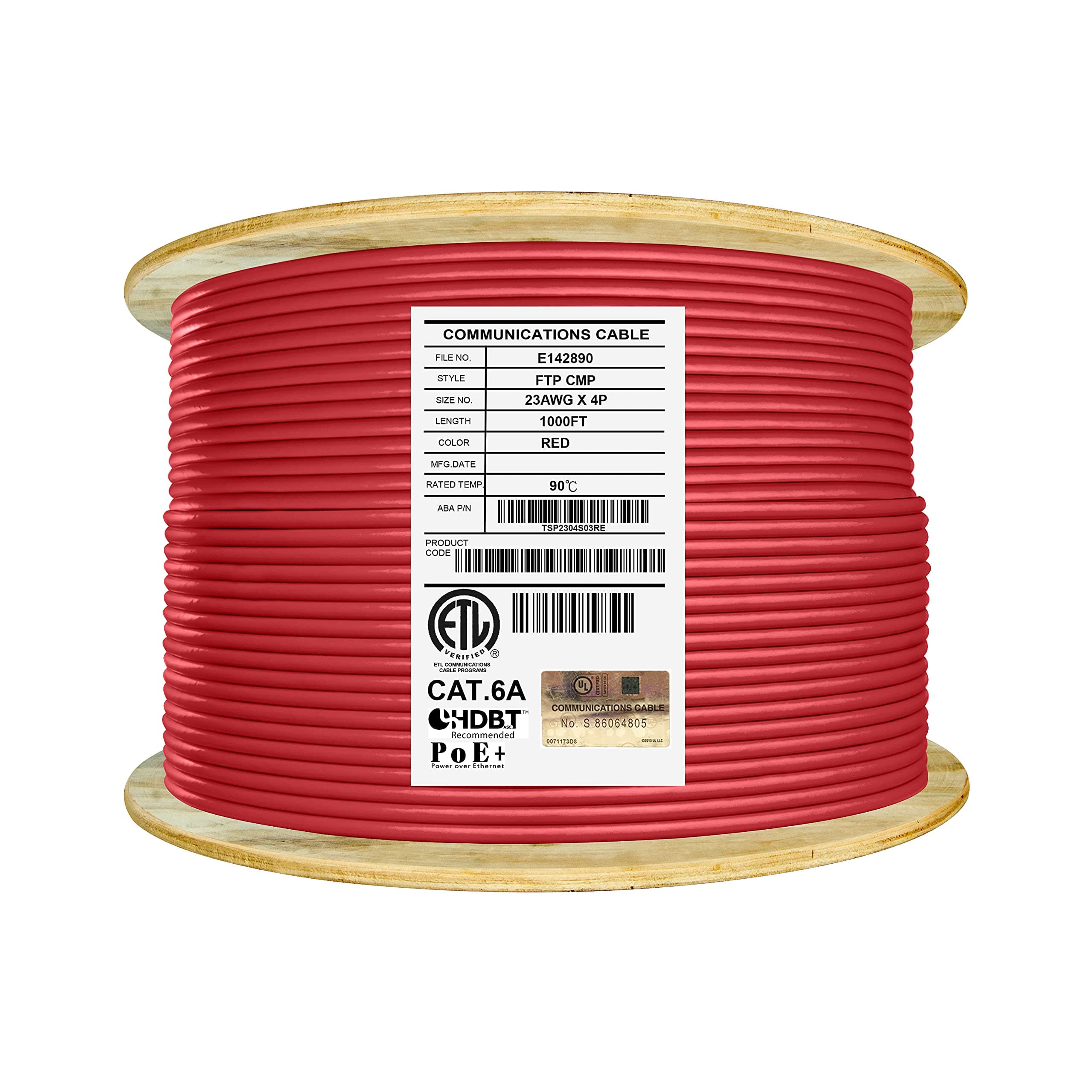 CAT6A Shielded Plenum (CMP), 1000ft, FTP 23AWG, Solid, Pure Copper, 650MHz, 10Gb, UL Certified, UL-LP Certification, Bulk Ethernet Cable Reel in Red