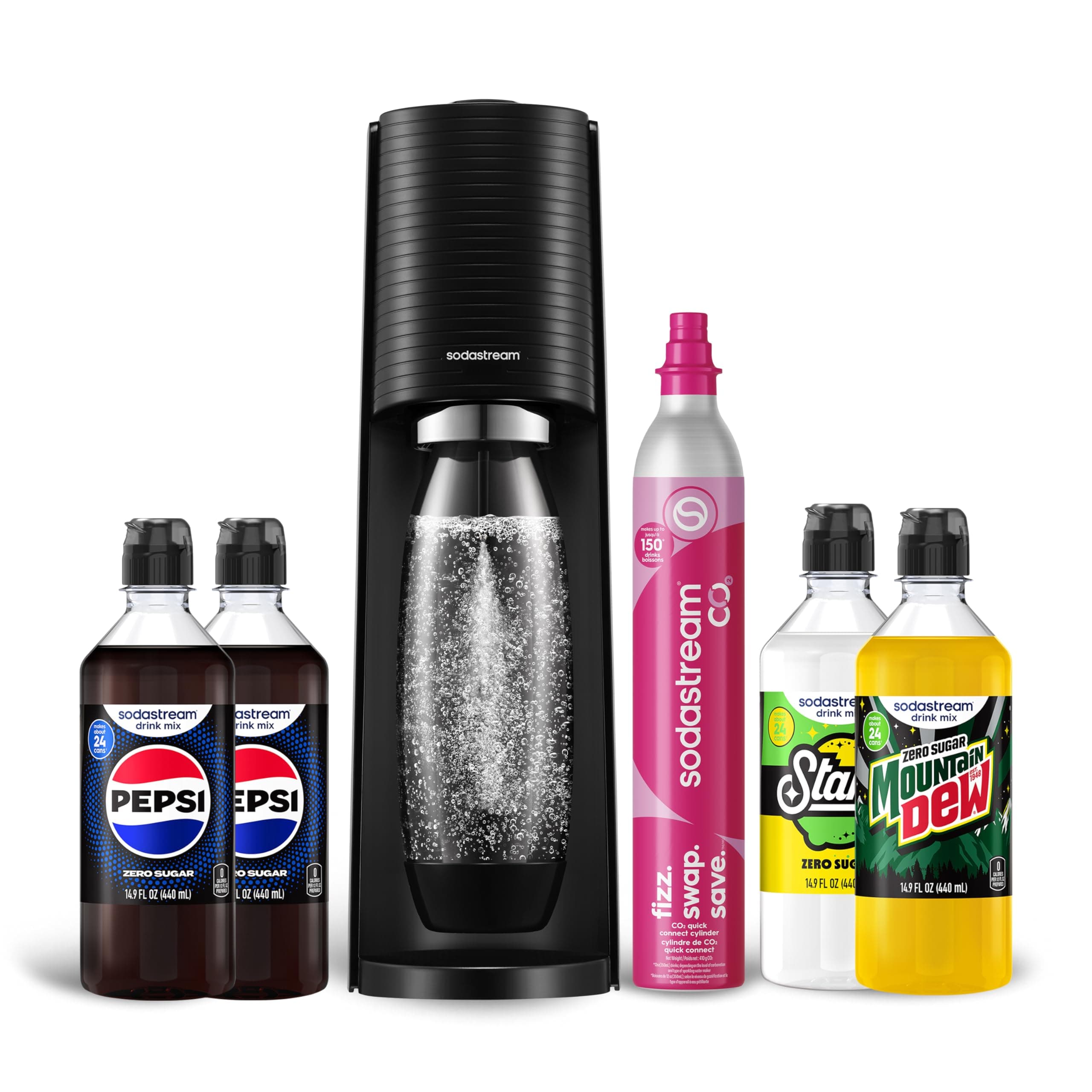Terra Sparkling Water Maker Bundle in Black - includes CO2, Carbonating Bottle, and Pepsi® Zero Sugar, Starry® Zero Sugar and MTN Dew® Zero Sugar 4-Flavor Variety Pack