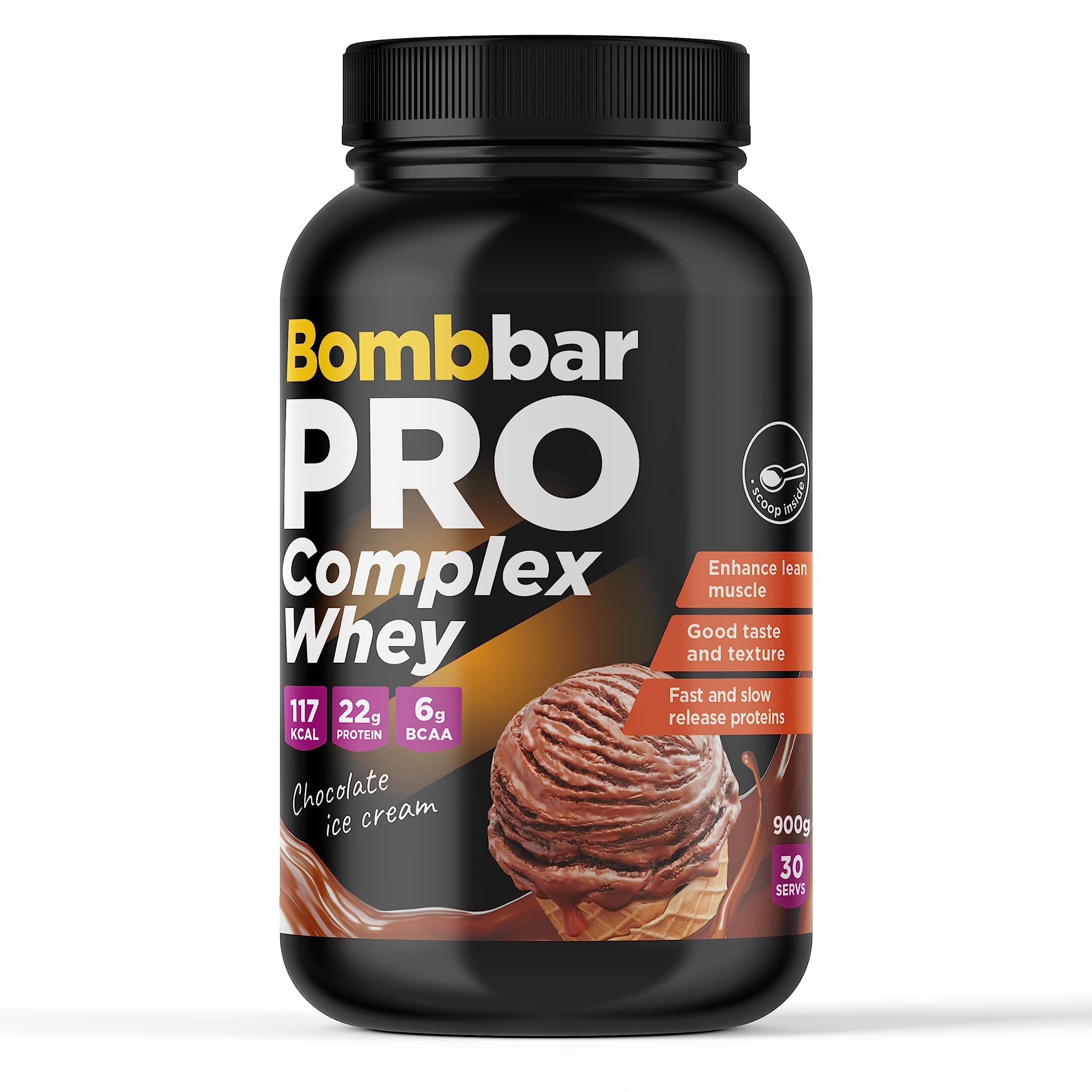 Bombbar Pro Whey Protein Complex - Protein Concentrate & Isolate Blend - 22g Protein per Serving for Lean Muscle Enhancement - 900g. (Chocolate Ice Cream)