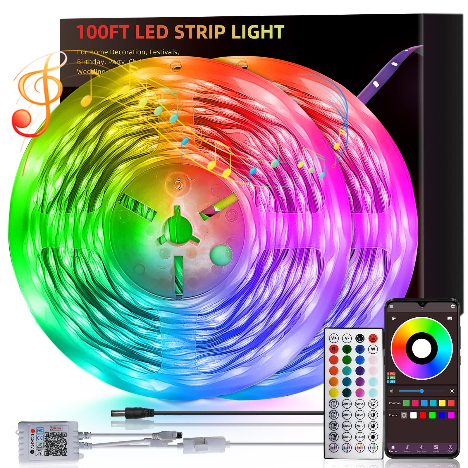 HBOWMDJIA 100ft Led Lights for Bedroom, Led Strip Lights Music Sync Corlor Changing, Led Light Strip with Remote & App Control RGB Strip, Led Lights for Room Dorm Home Classroom Ceiling Decor