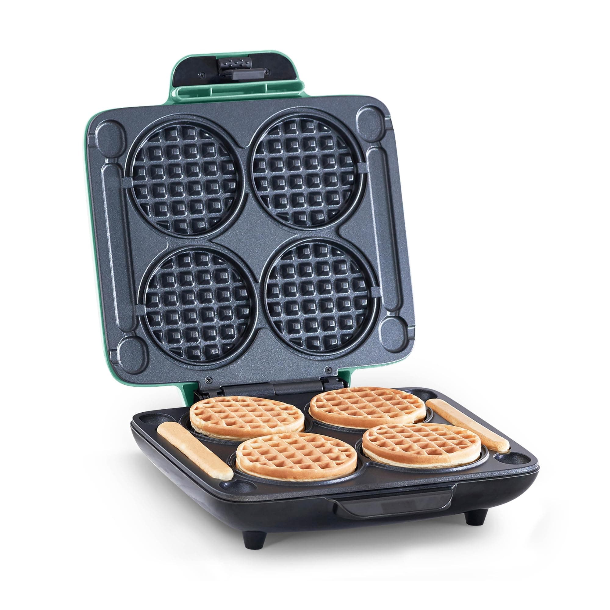 Multi Mini Waffle Maker- Quad Waffle Maker for Family Breakfasts - Dual Nonstick Heating Plates & Easy-Release Surface - Compact & Fast-Heating - Aqua