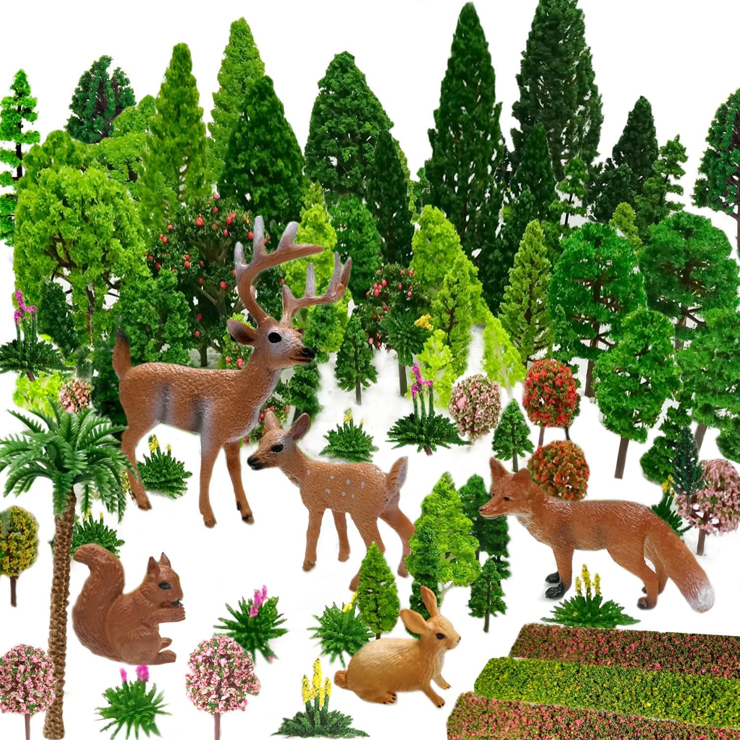 Mixed Model Trees - 4-16 cm, 70pcs, Small World Trees & Ho Scale Bushes with Animal Figures for Model Train Scenery