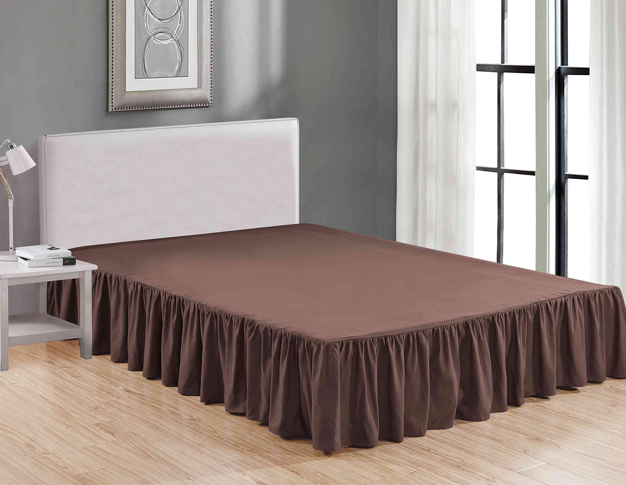 Sheets & Beyond Wrap Around Solid Luxury Hotel Quality Fabric Bedroom Dust Ruffle Wrinkle and Fade Resistant Gathered Bed Skirt 14 Inch Drop (Full, Brown)