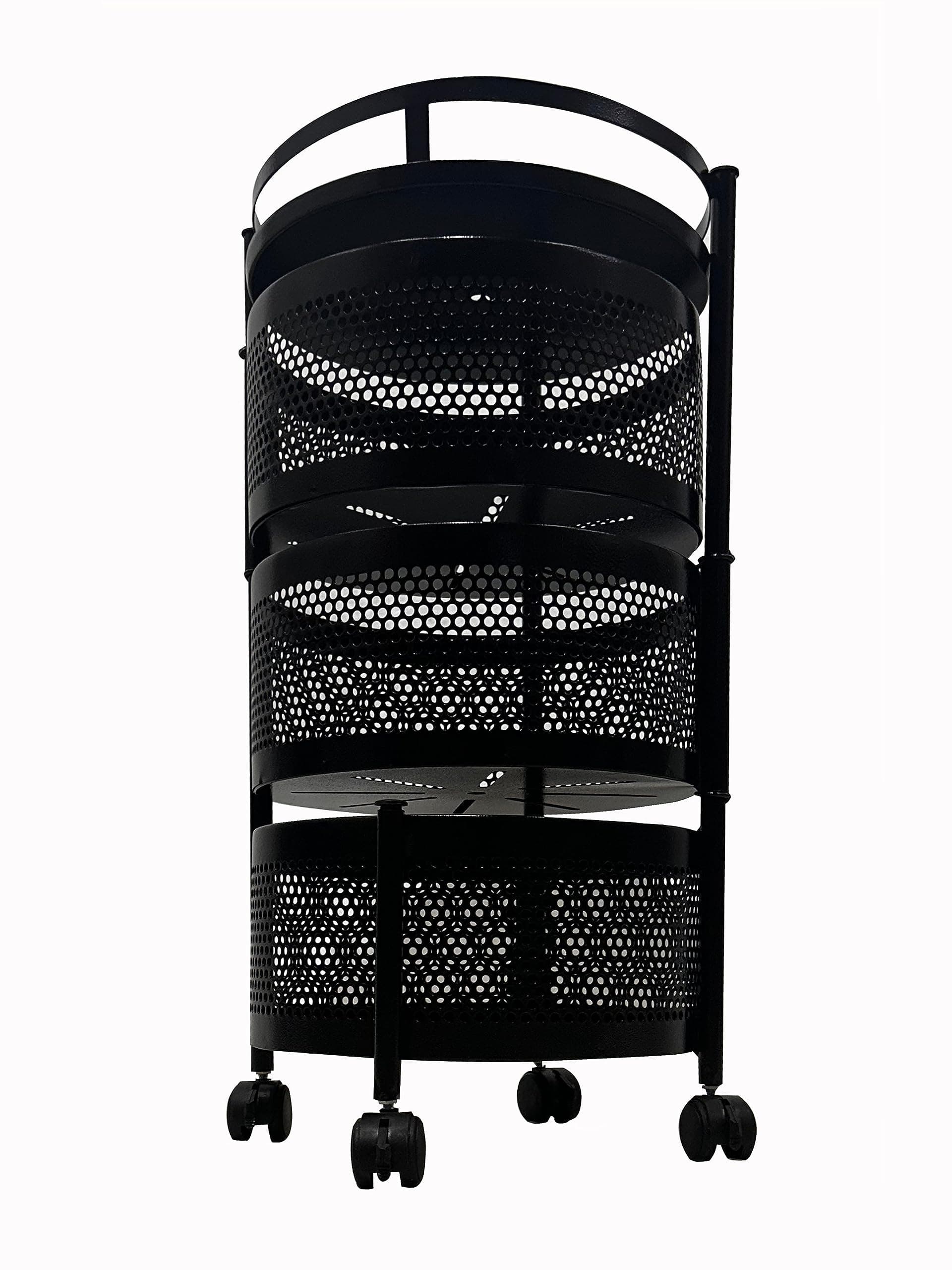 ROBMOB 3 Layer Vegetable Stand Kitchen Trolley with Wheels, Rotating Vegetable Basket, Black