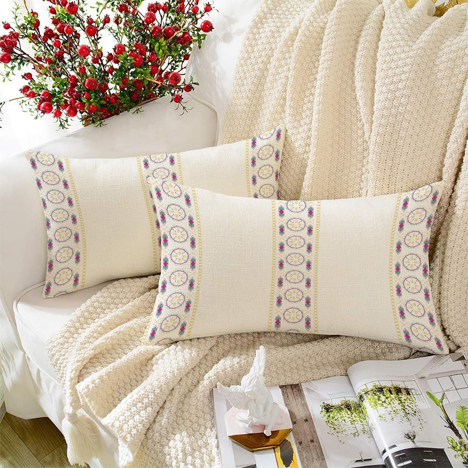 STITCHNEST Stripe Multi Printed Cotton Rectangular Cushion Covers, Set of 2 (12 x 18 Inches)