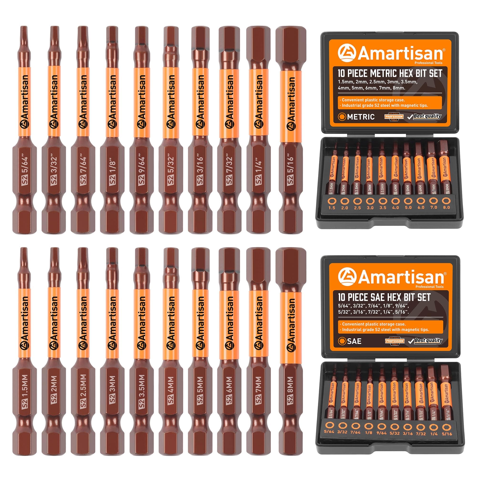 Amartisan 20-Piece Hex Head Allen Wrench Drill Bit Set, Metric and SAE S2 Steel Hex Bits Set, Magnetic Tips, 2.3" Long With Storage box.