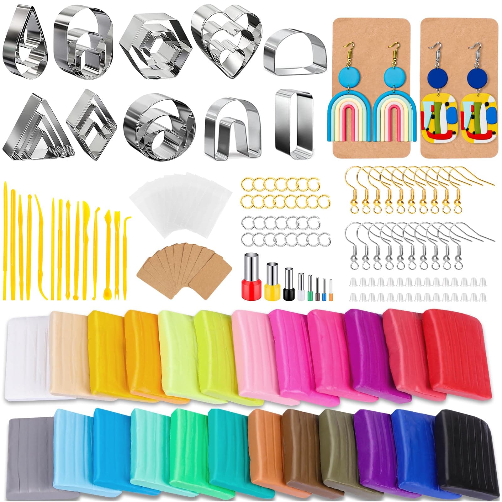 Polymer Clay Earring Making Kit with Gift Box, Including 32pcs Polymer Clay Cutters, 24pcs Oven Bake Clay, 30 Set Earring Rings&Hooks, Jewelry Making Kit for Teen Girls