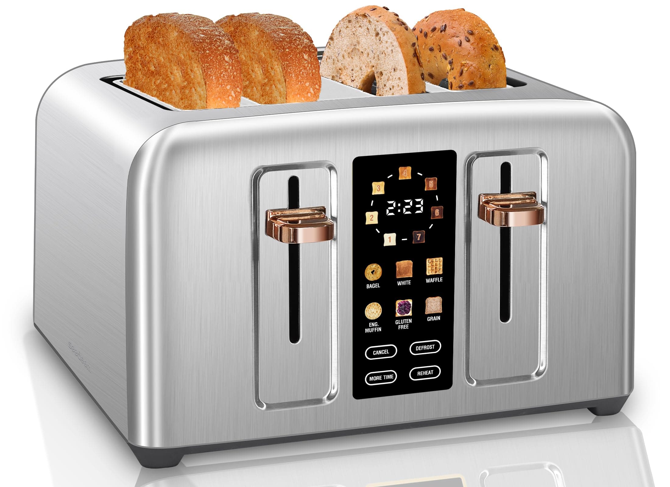 SEEDEEM Toaster 4 Slice, Full Touch control Toaster, LCD Display, 6 Bread Type, 7 Shade Settings, 1.4''Wide Slots，More Time Function, Removable Crumb Tray, 1800W, Silver Metallic