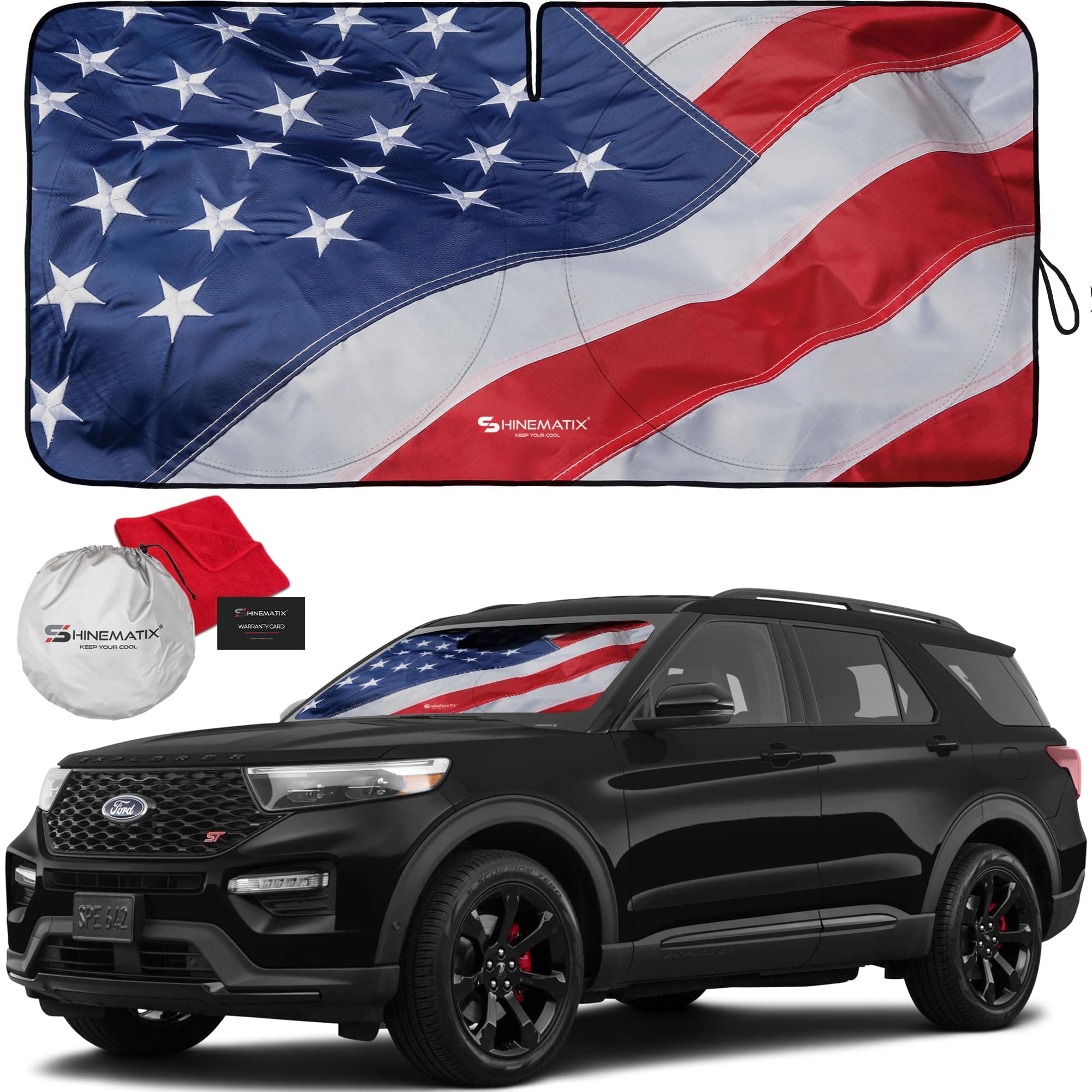 1-Piece Windshield Sunshade USA Flag Foldable Car Front Window Sun Shade for Most Cars SUV Truck - Heat Shield Auto Reflector Cover - Blocks Max UV Rays & Keeps Your Vehicle Cool - Medium