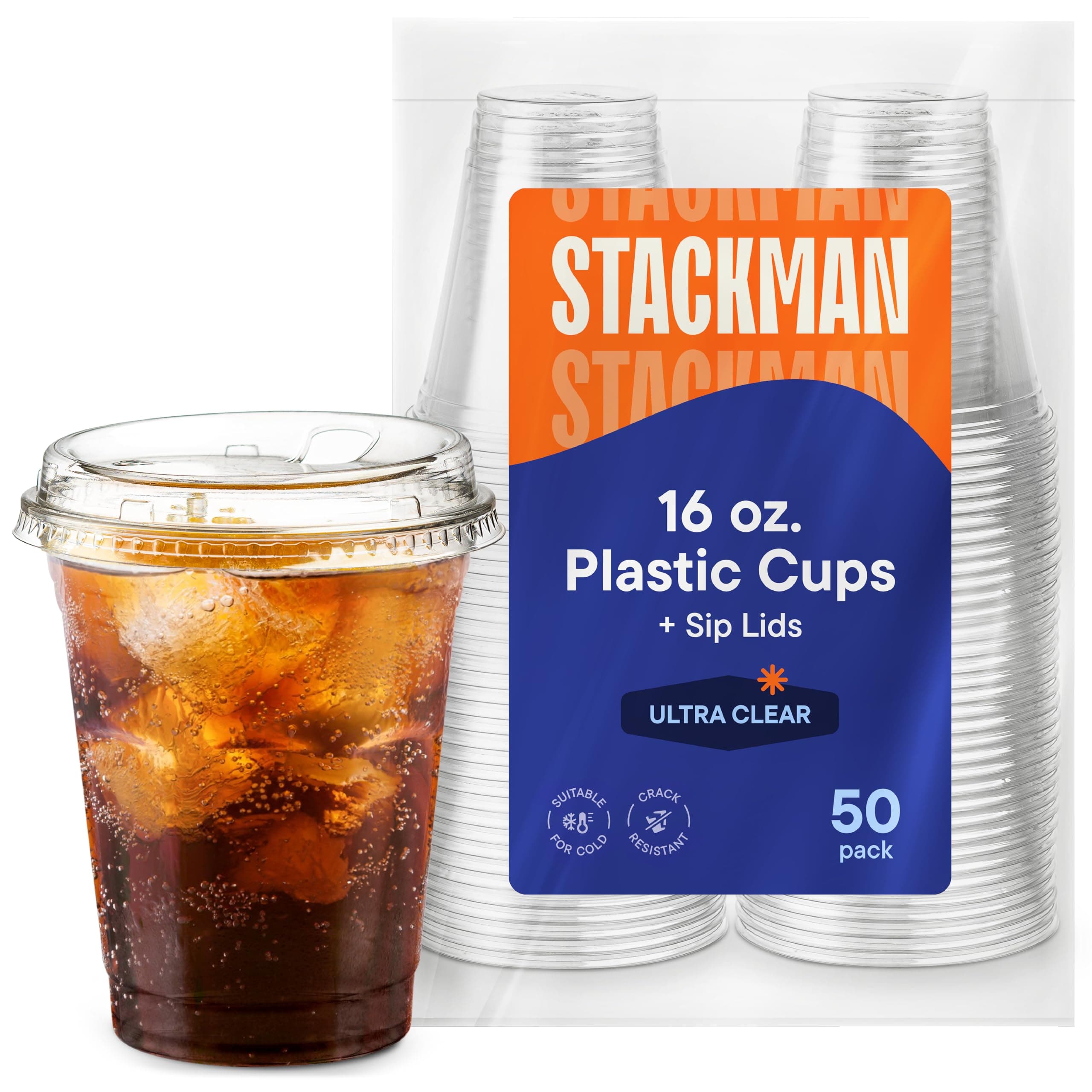 Stack Man 16 oz. Clear Cups with Strawless Sip-Lids, [50 Sets] PET Crystal Clear Disposable 16oz Plastic Cups with Lids