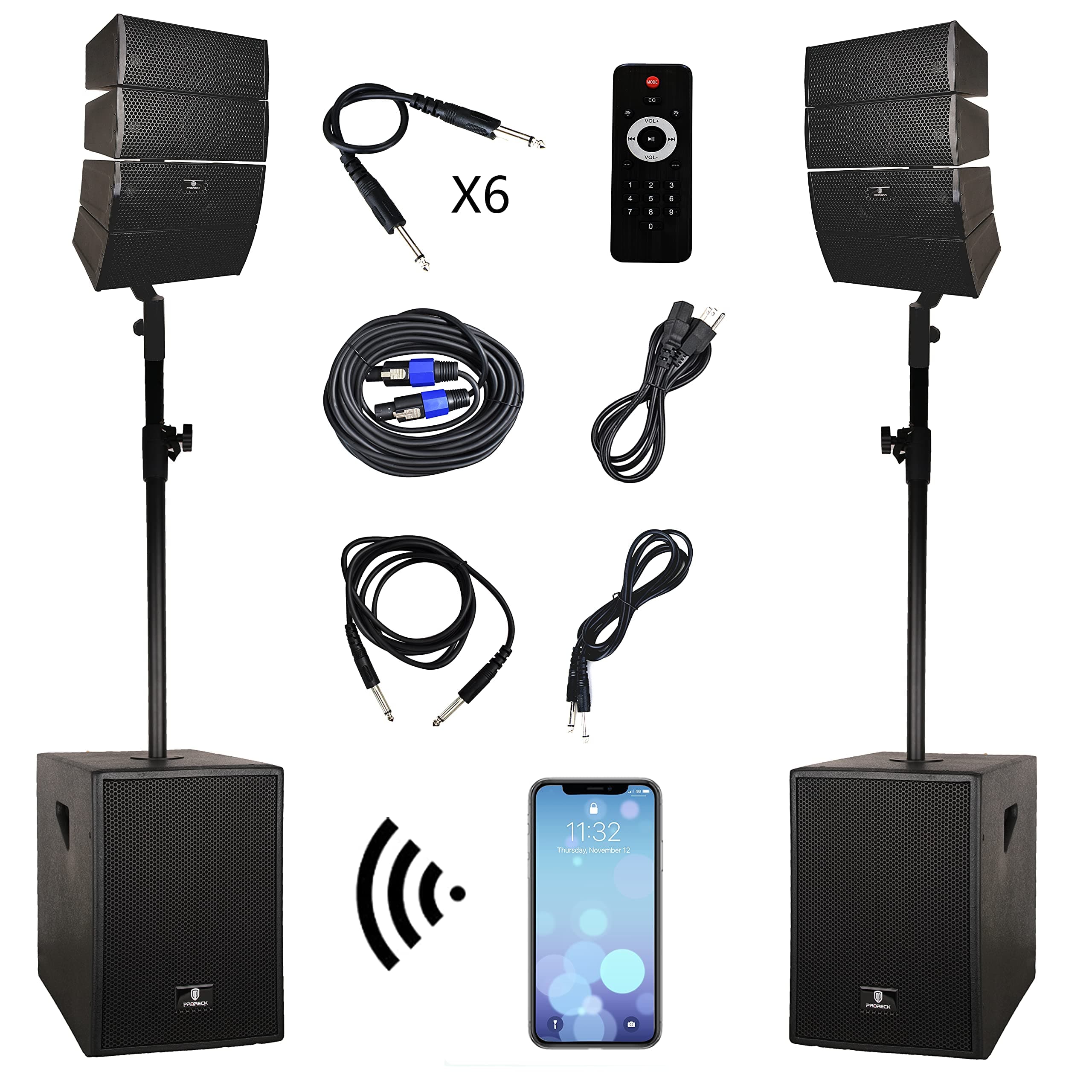 RECK 4000W DJ/Powered PA Speaker System Combo Set with Bluetooth/USB/SD Card/Remote Control with Two 12 Inch Subwoofers and 8 Line Array Speakers or Performances, speeches, Live