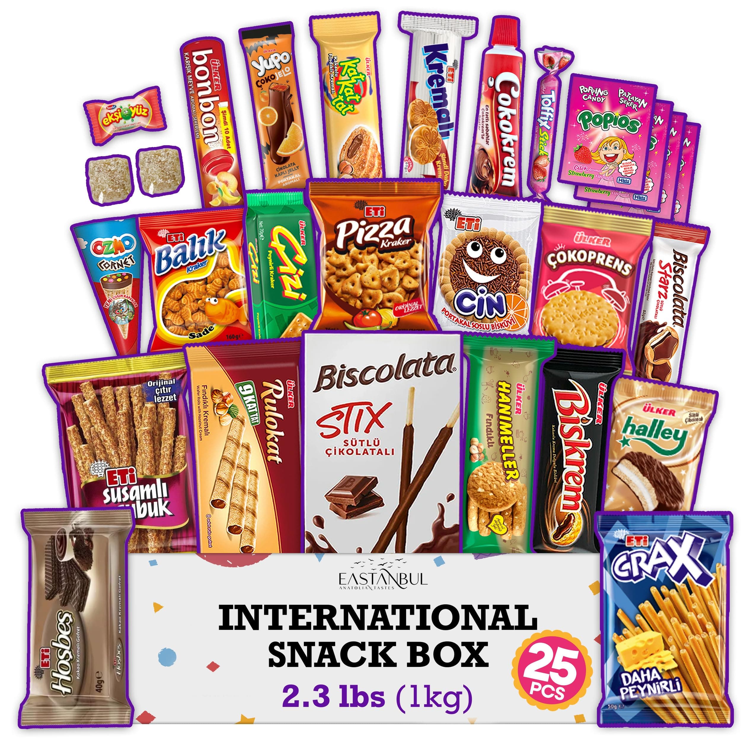 Eastanbul International Snack Box, 25 Full-Size Foreign Snack Box, Exotic Turkish Snacks From Around The World International Snacks, Sweet, Savory, Chewy, Crunchy Gift Box