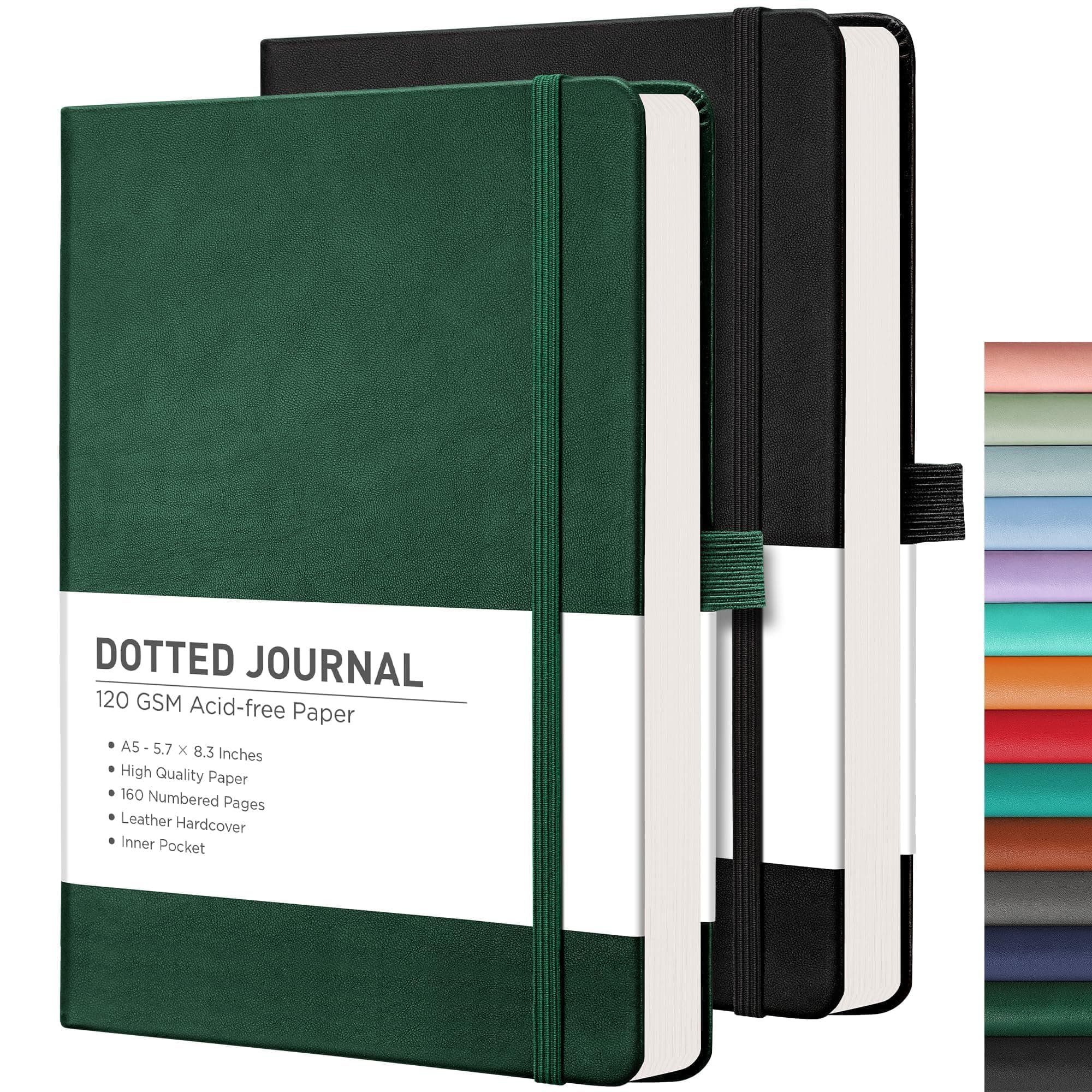 A5 Dotted Notebook 2 Pack - Bullet Dot Grid Journal with 320 Numbered Pages Hardcover 120gsm Thick Paper, 8 Perforated Sheets, Pen Holder, Inner Pocket 14.5 x 21cm - Black Green